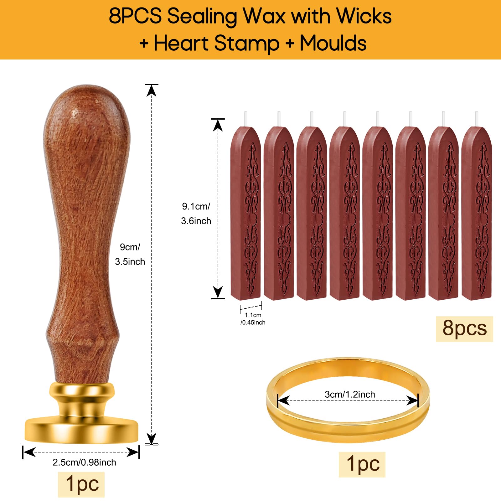 Furuising 8Pcs Red Sealing Wax Sticks, Wax Seal Stick with Wicks, Wax Seal Stamp Kit with Heart Stamp - Image 2