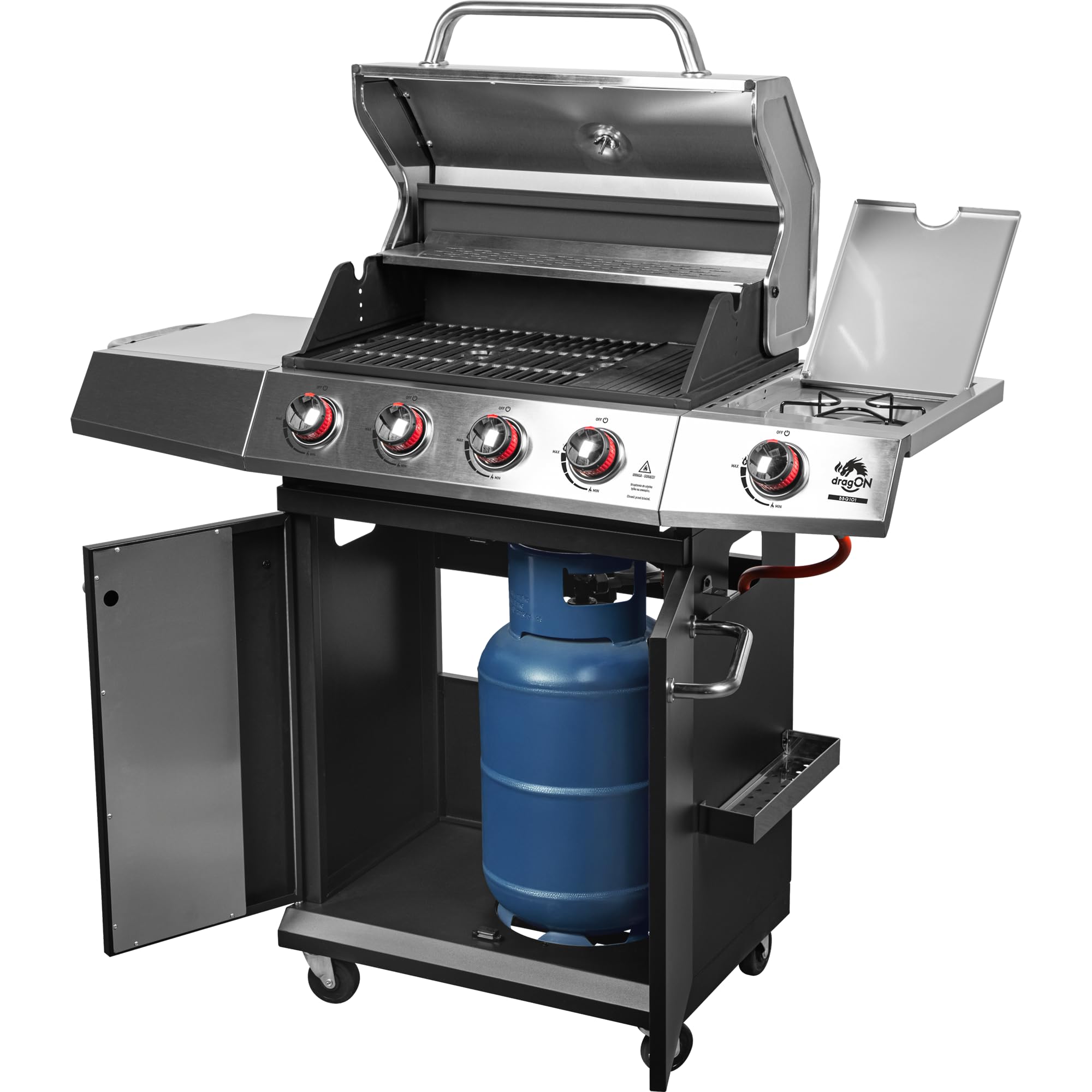 BROWIN® dragON BBQ101 | Grill Gazowy | BBQ | Wielofunkcyjny | Stal nierdzewna | Grill na 4 kółkach | 4 Palniki Główne | Palnik Boczny | 60 x 36,5 cm | 11,7 kW | Czarno-Srebrny