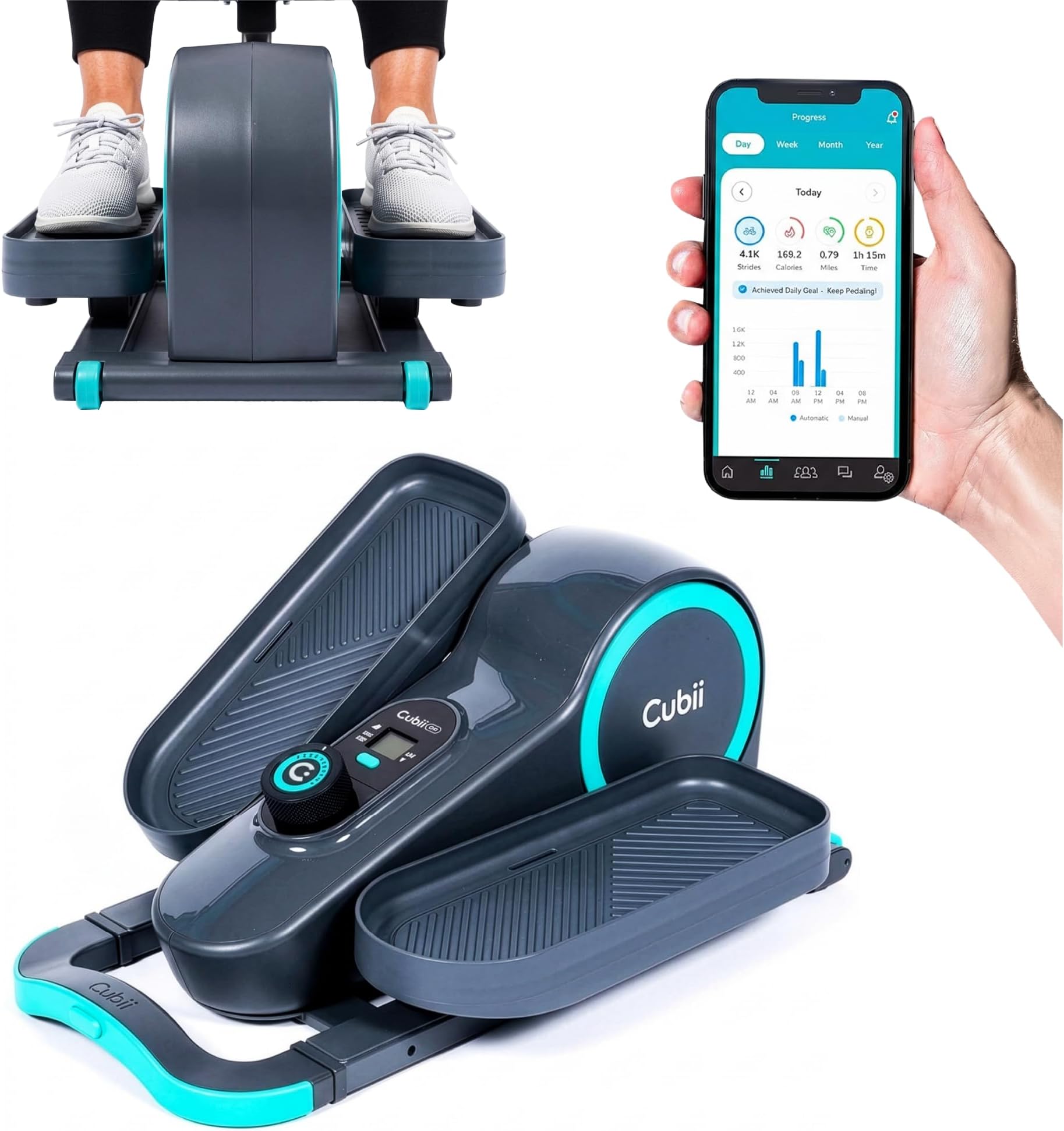 Cubii GO - Under Desk Elliptical Bike Pedal Exerciser, with LCD Fitness Tracker Screen, Adjustable Resistance, Work from Home Fitness, Built-in Wheels and Portable Expanding Handle