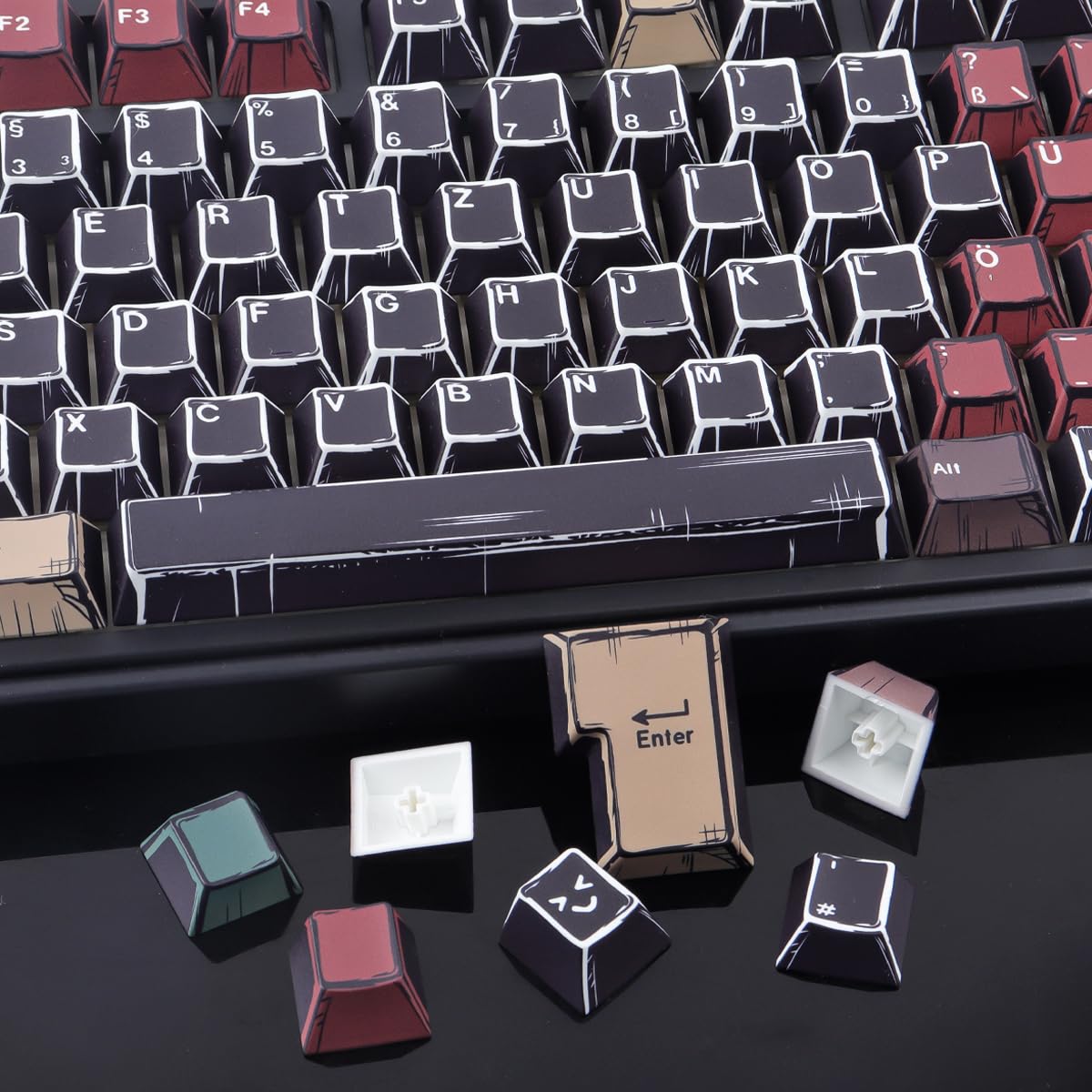PBT ISO Keycaps 132 Keys Japanese Manga Keycaps, Manga Mixed Light Black Cherry Profile Dye Sub Custom Keycap for Cherry MX Switch German QWERTZ Layout Meccanical Keyboards