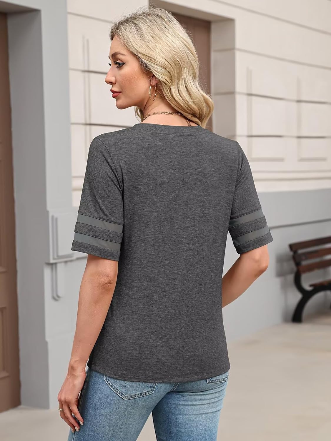 Women's V Neck T Shirts Mesh Panel Short Sleeve Tops Casual Summer Tees - Image 4