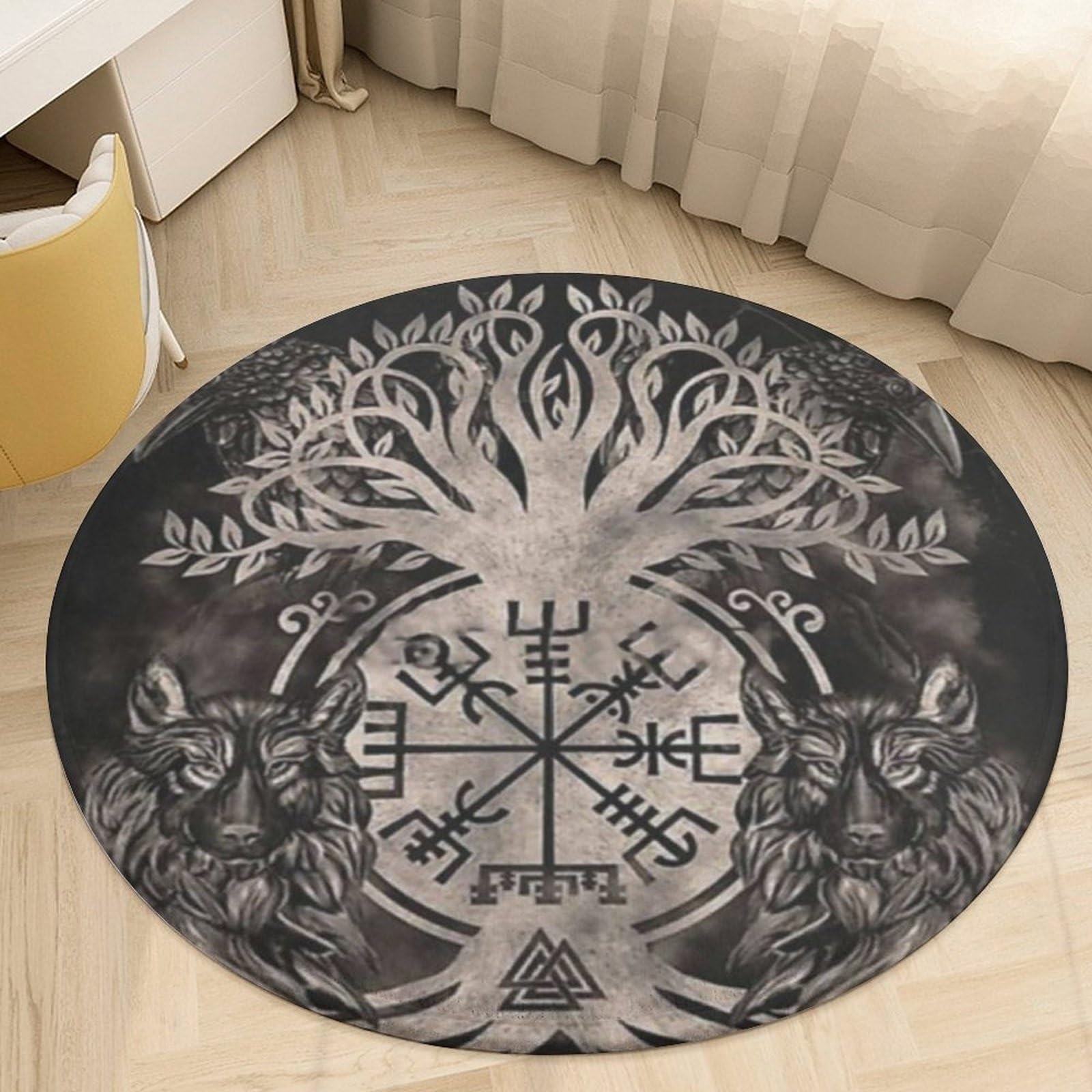 Tapis de protection plancher en bois rond style viking imprimé 3D pour salon et chambre