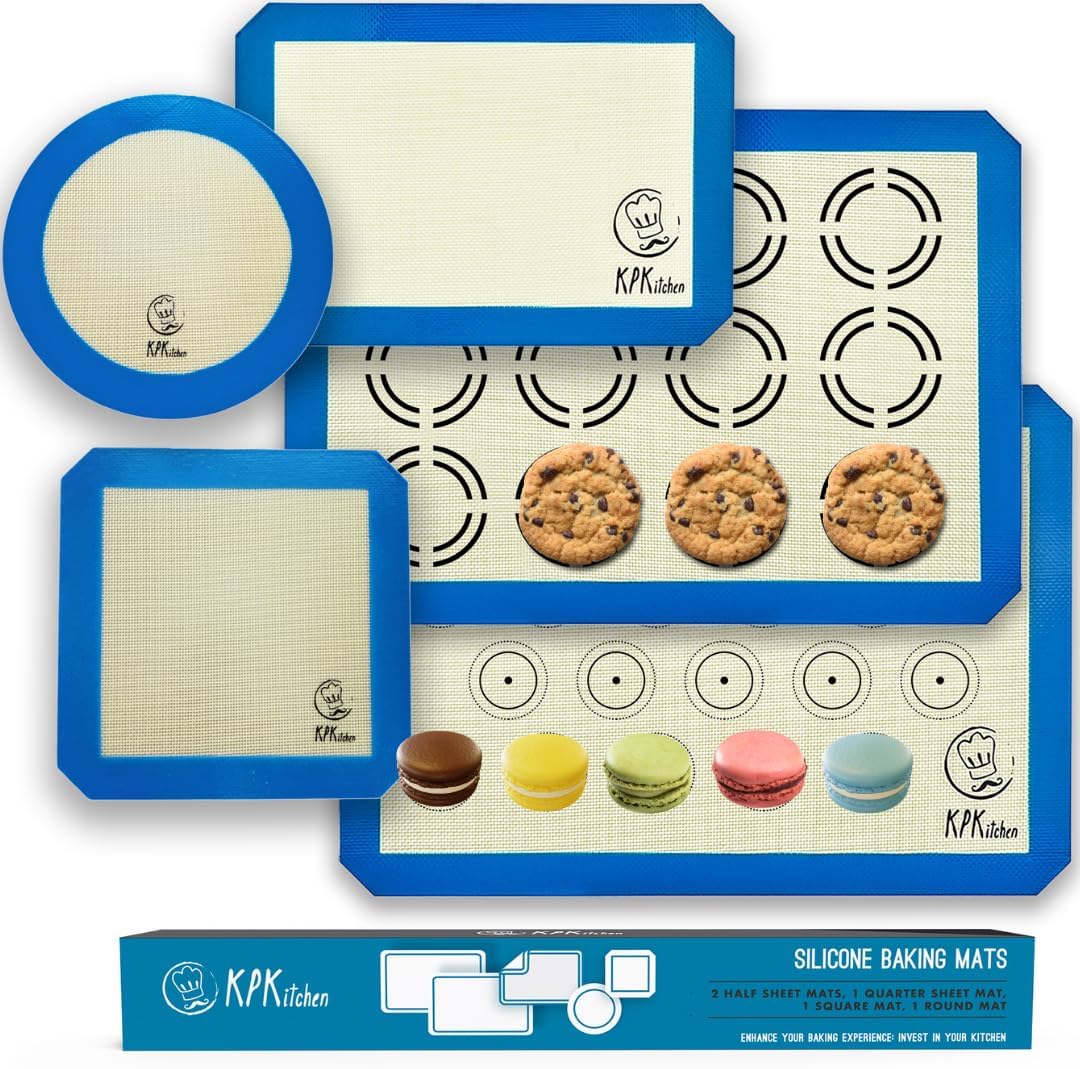 Silicone Baking Mat Set of 5-2 Half Sheets (Macaron & Cookie Circle On Mat) + 1 Quarter + 1 Round & 1 Square Size Silicone Baking Sheet - Nonstick & Easy to Clean - 100% Silicone Mats for Baking