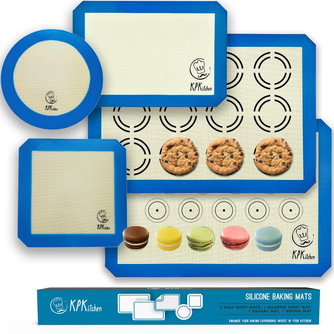 Silicone Baking Mat Set of 5-2 Half Sheets (Macaron & Cookie Circle On Mat) + 1 Quarter + 1 Round & 1 Square Size Silicone Baking Sheet - Nonstick & Easy to Clean - 100% Silicone Mats for Baking