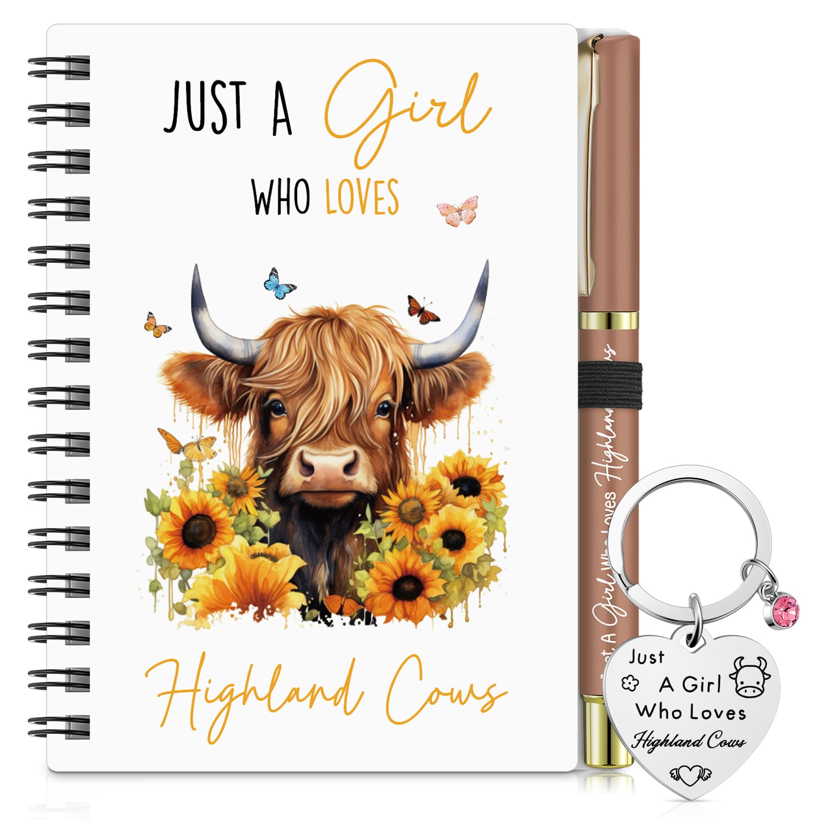 Sinmoe 3 Pcs Highland Cow Gift Set for Women Cow Lover Include Highland Keyring & Just a Girl Who Love Cattle Notebook Ballpoint Gift for 2026 Christmas Birthday Party Graduation(Orange,Sunflower)