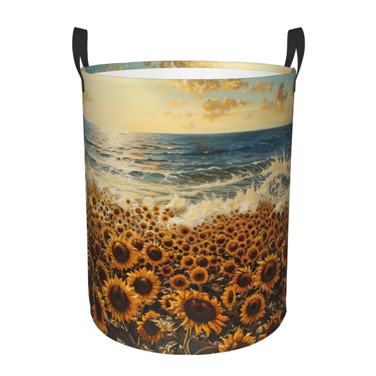 M Collapsible Laundry Hamper Round sunflowers sea Print Storage