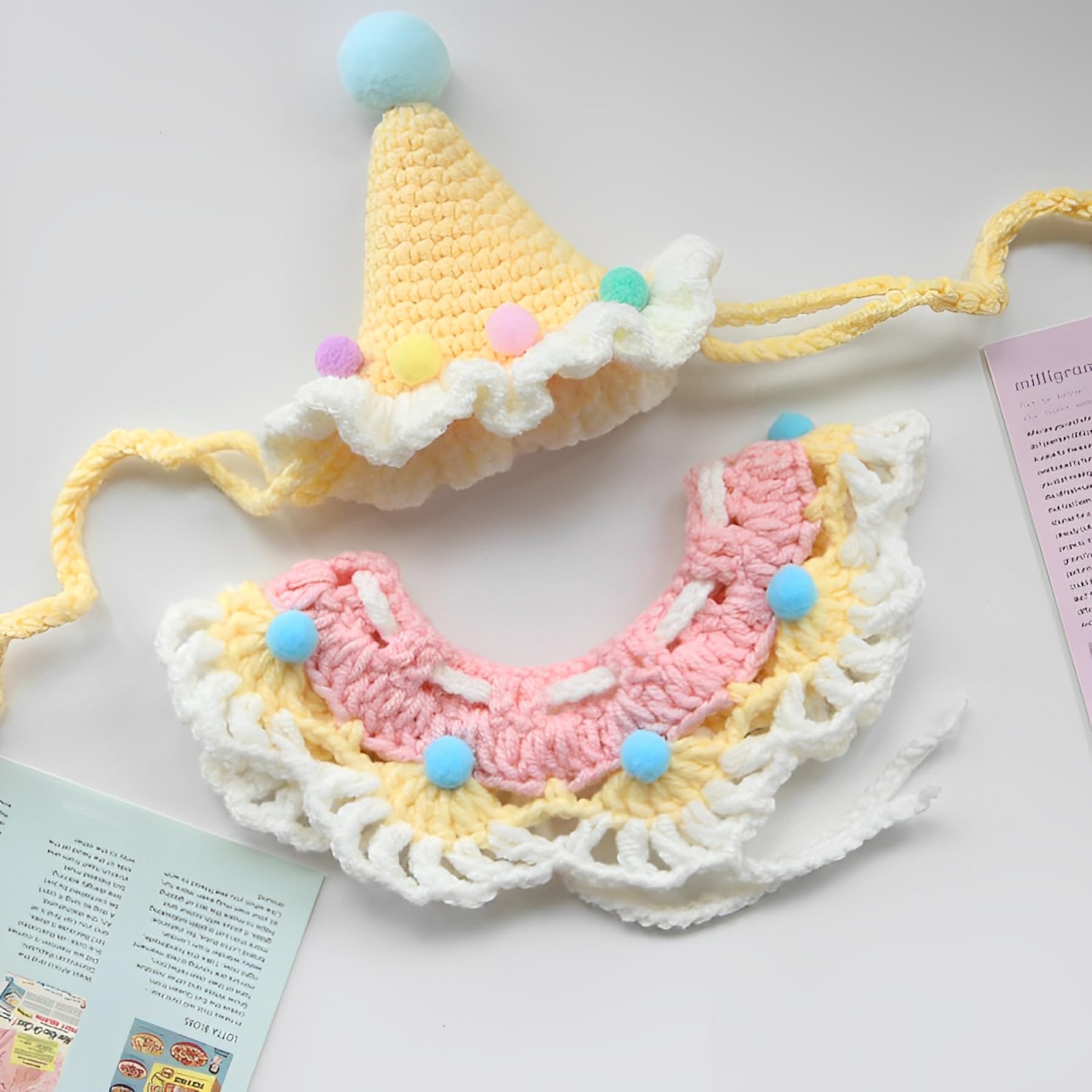 SHUEASE Cat Birthday Hat & Collar Set: Handcrafted Knit & Crochet Accessories for Pets, Kitten, Small Animals