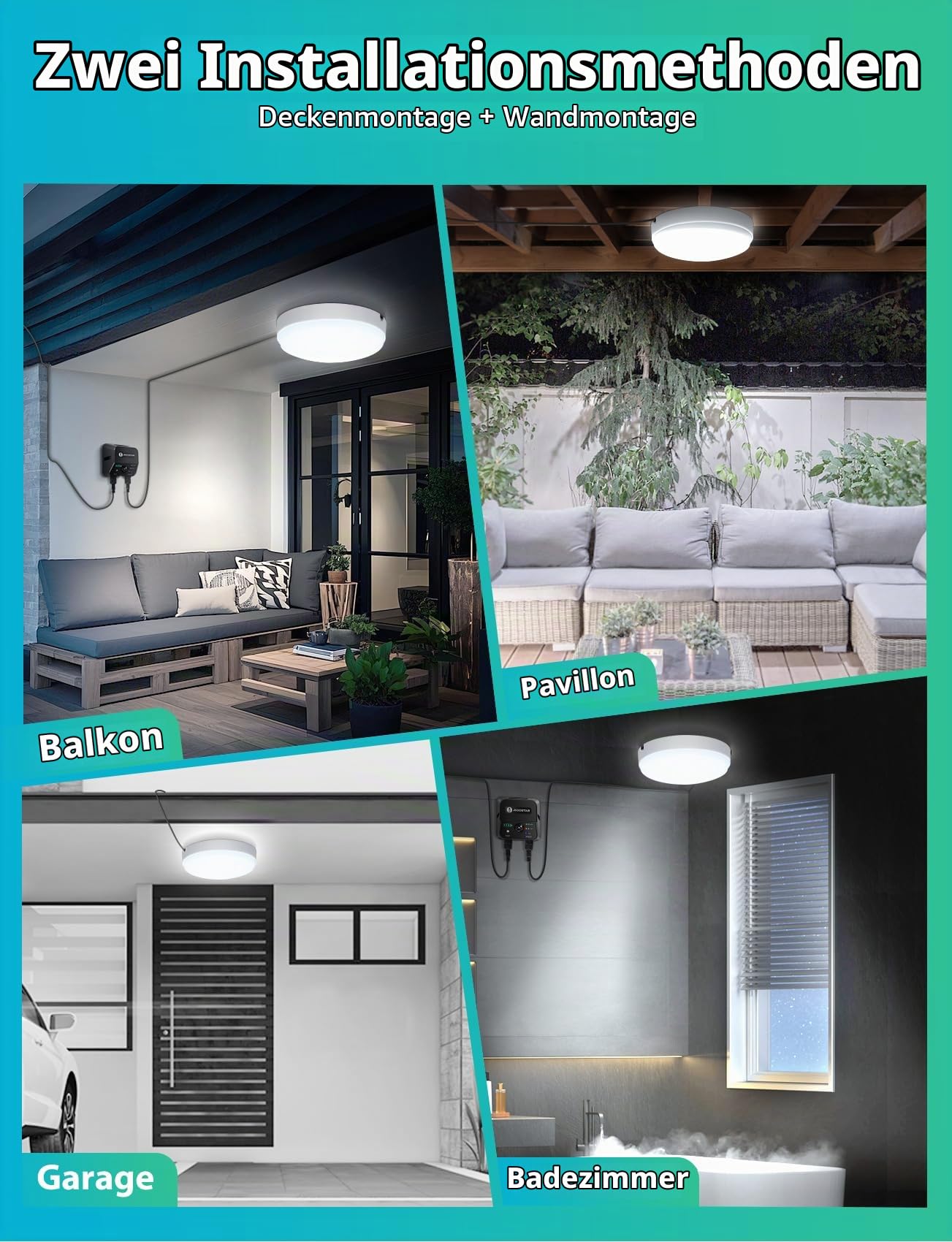 Aigostar Solarlampe Decke Außen mit bewegungsmelder 70W LED Solar Deckenleuchte Outdoor mit Fernbedienung, Energiespeicherbox, IP65, Einstellbare 6500K, Solarlampen für Innen mit 8m Kabel,2 pcs