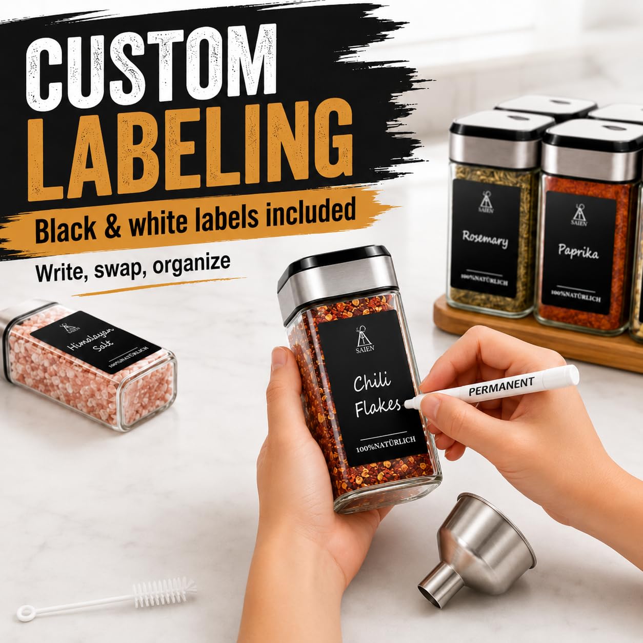 360° Rotation Gewürzgläser Eckig Set | Drei Kaliber, frei einstellbar | 12 Gewürzdosen Mit Gewürzetiketten | Perfekte Organisation Küche Gewürz Organizer | 120ml Gewürzbehälter Glas