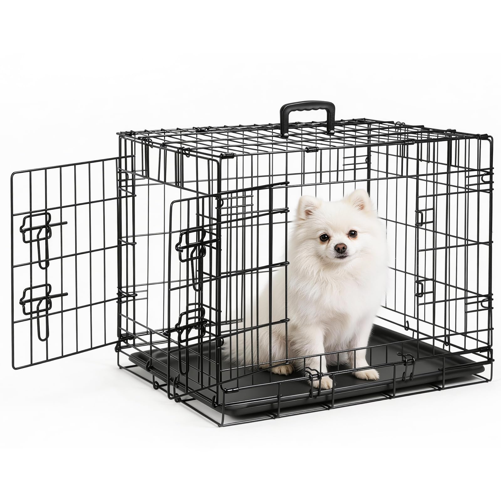 Hundekäfig faltbar 60 x 42.5 x 48 cm,S,2 Türen,Metall Draht,mit ausziehbarer Kunststoffschale & Abnehmbarer Trennwand,Schwarz,Hundebox für Zuhause & Transport