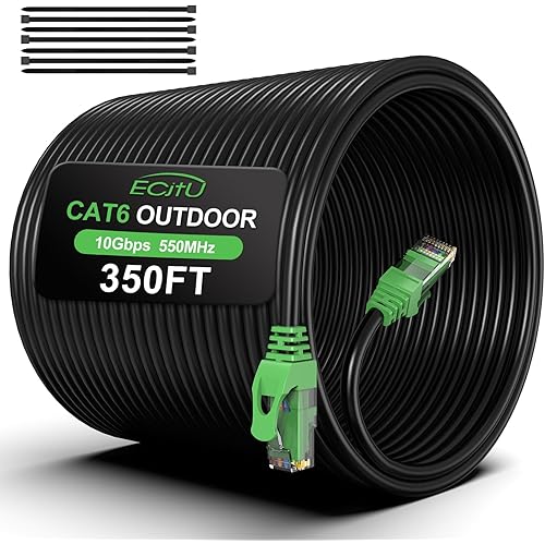 350FT Cat6 Outdoor Ethernet Cable, In-Ground, Heavy Duty Direct Burial, 24AWG CCA Patch Cord for Laptops, PCs, Routers, Printers, Surveillance Camera, PoE, UTP Cat 6 Internet Cable with 25 Cable Ties