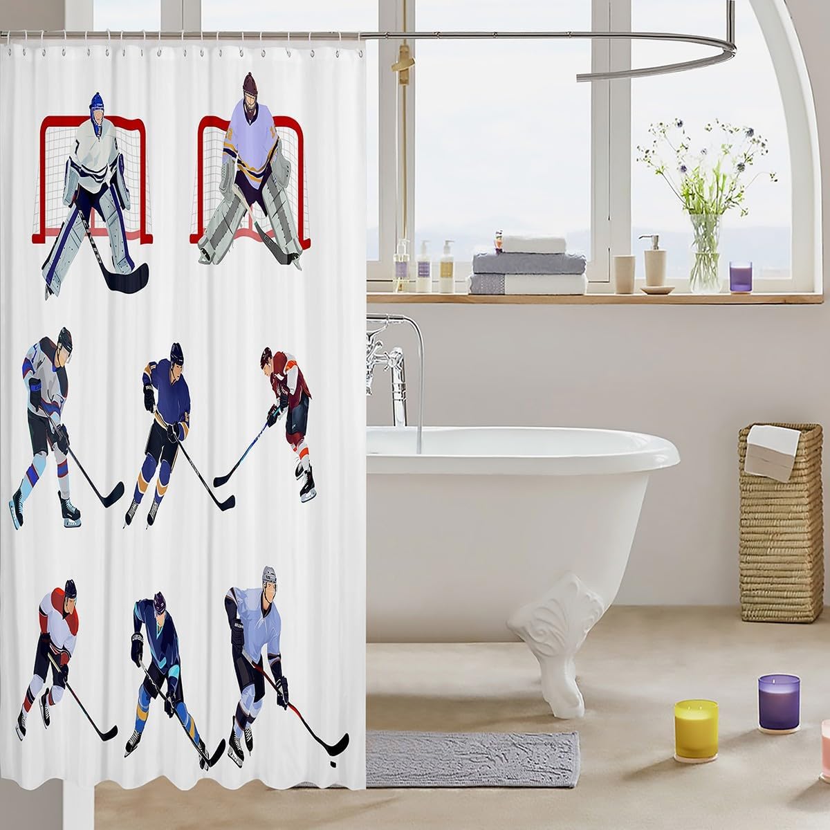 Hockey Player Shower Curtain,Cartoon Ice Rink Bathroom Curtain for Kids Girls Boys Teens Room Decor,Winter Sports Gaming Theme Waterproof Curtain White Cartoon Modern Bath Curtain,12 Hooks,72" Wx72 L image 3