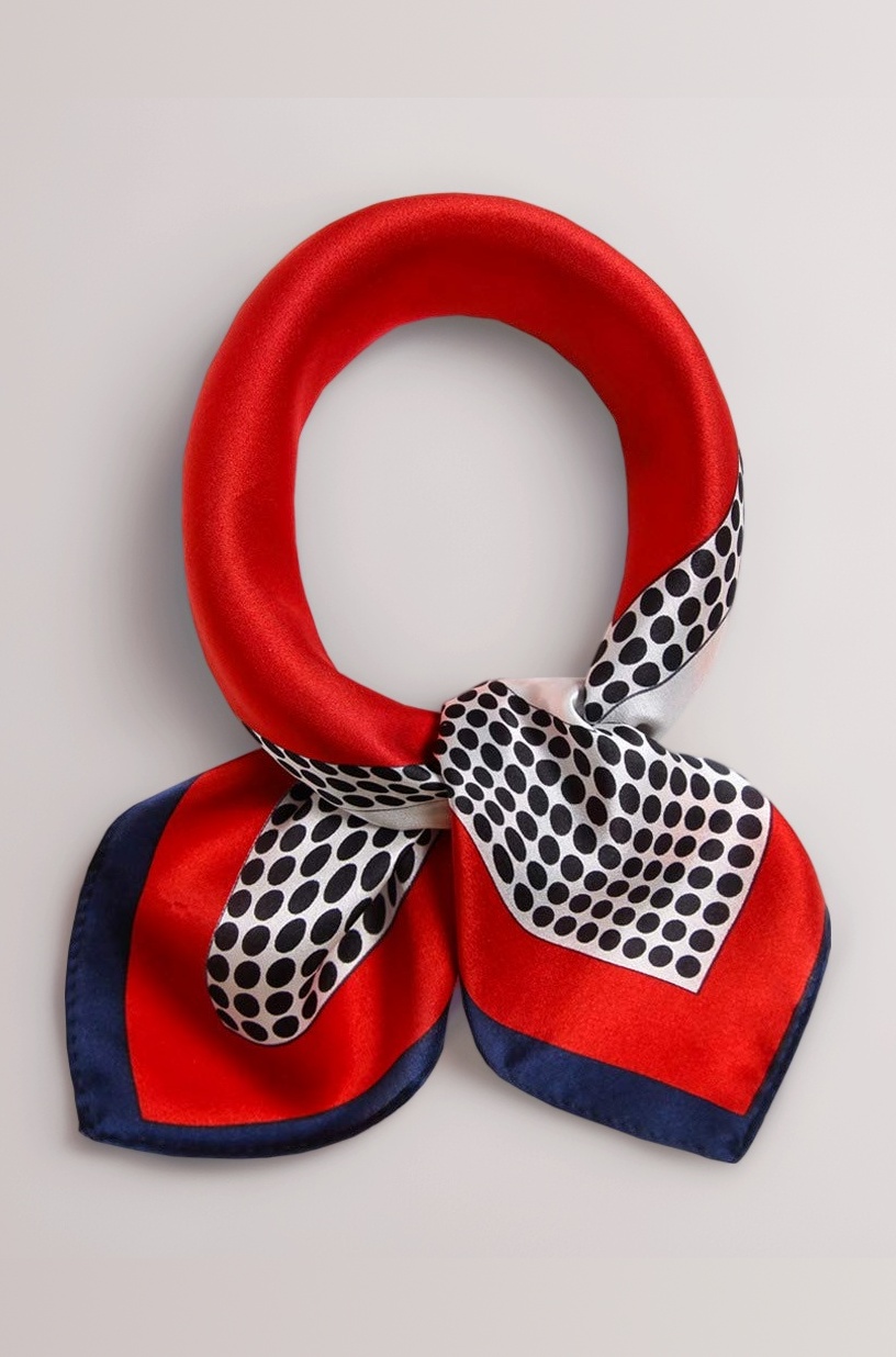 100% Small Square Pure Mulberry Silk Scarf -21'' x 21''- Lightweight Neckerchief -Digital Printed Solid Color Headscarf (Square&Dots)