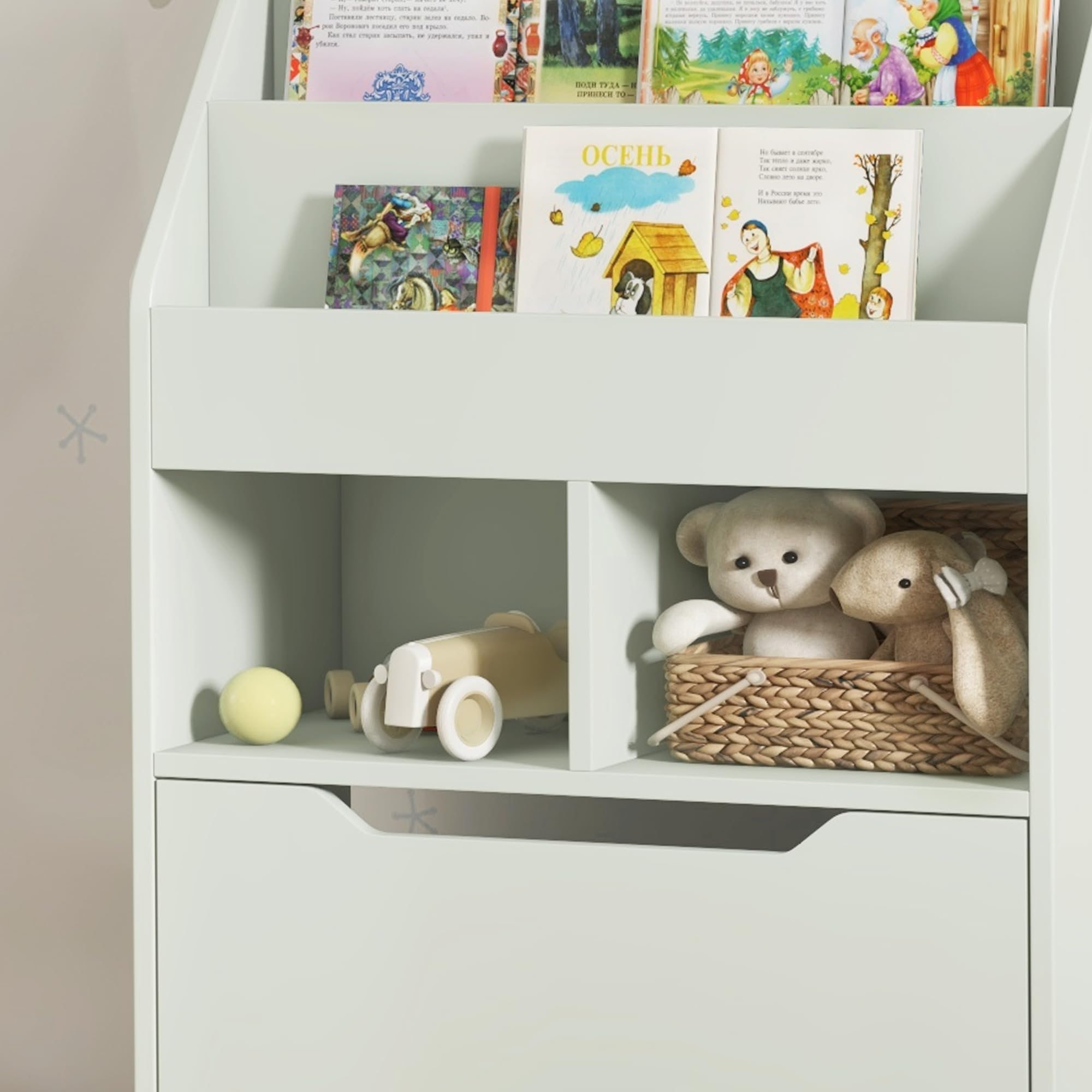 HOMCOM Bibliothèque étagère Multi-Rangement 3 étagères 2 niches Grand tiroir en Bois Vert Clair