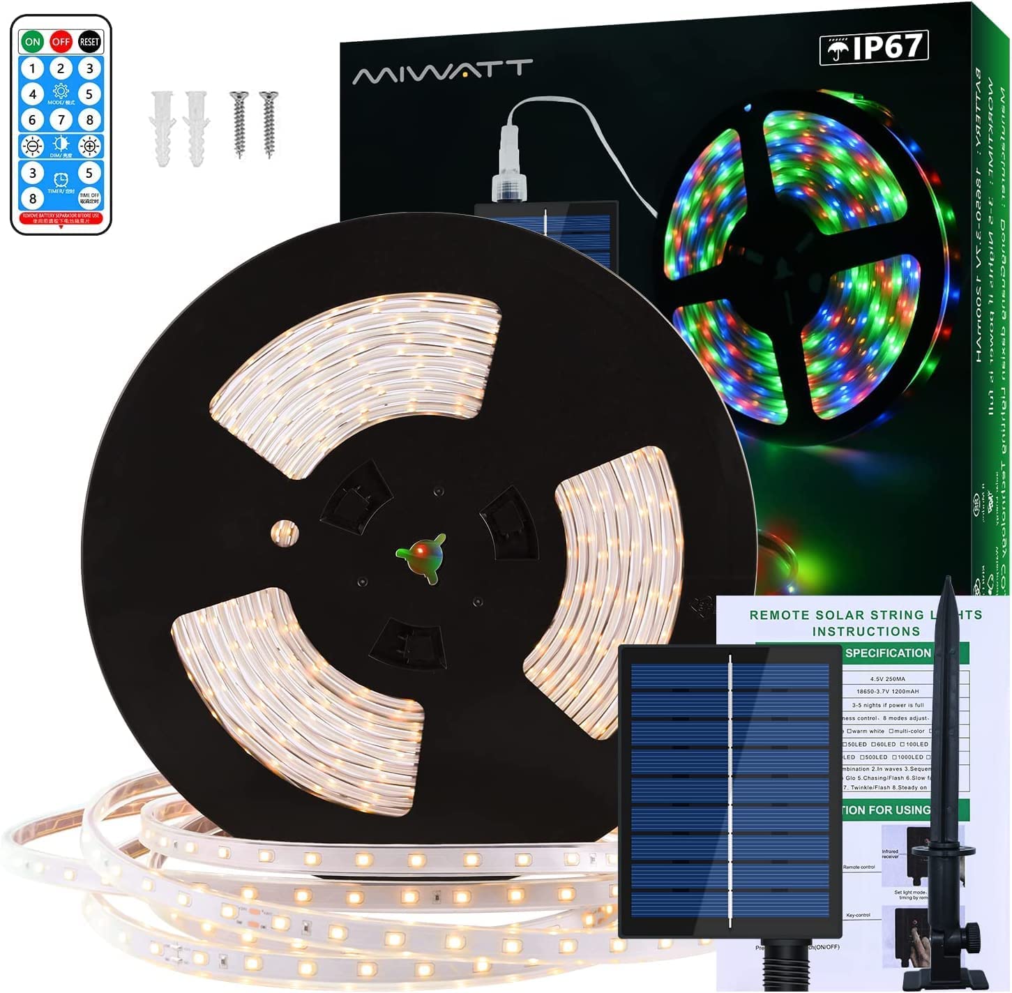 MIWATT Solar 10M LED Strip, warm white LED Streifen, LED Stripes mit 17 Tasten RF Fernbedienung, 560 LEDs, Beleuchtung von Haus, Party, Küche