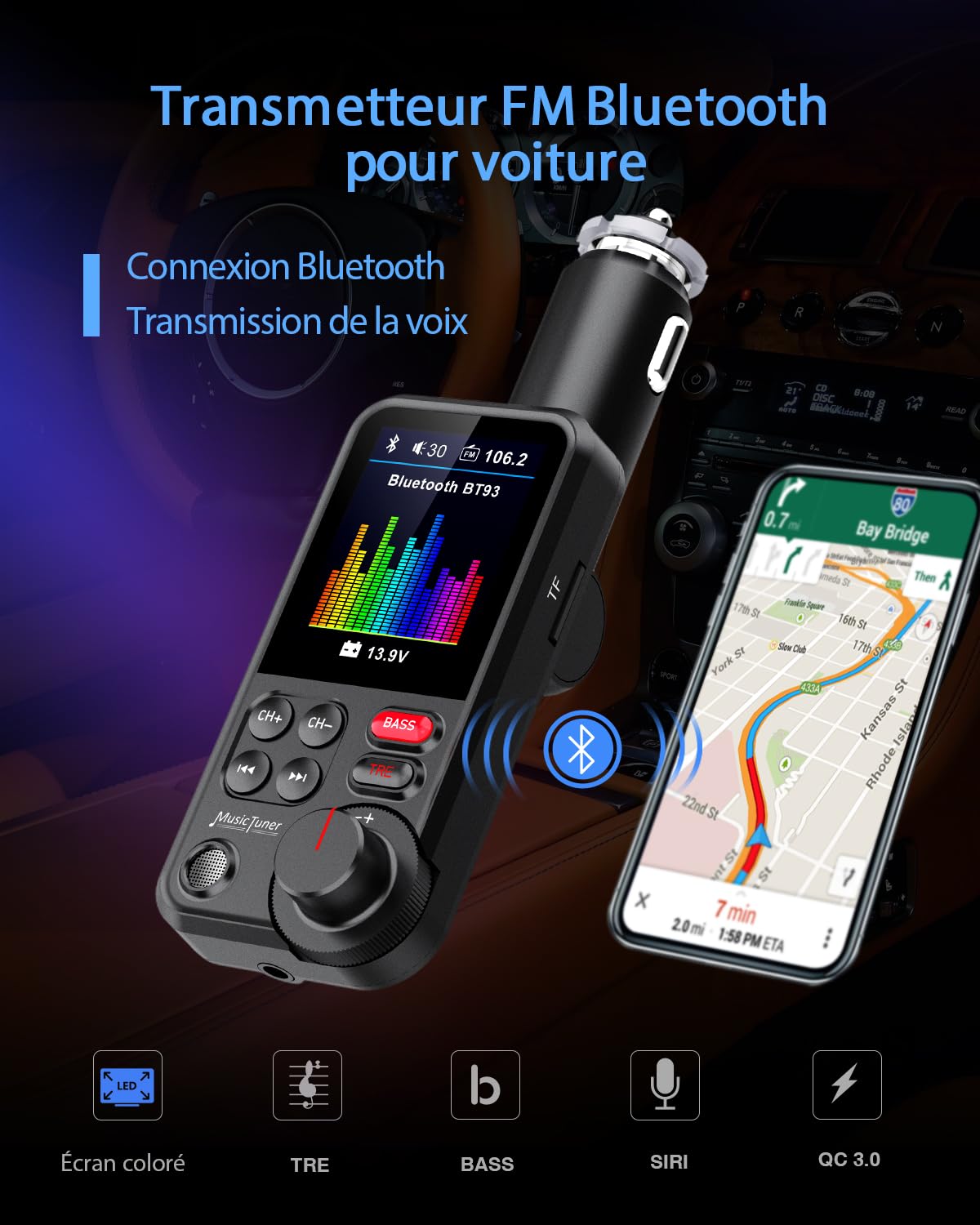 Bluetooth Samochodowy nadajnik FM, zapalniczka samochodowa Bluetooth Muzyka radia samochodowego, wsparcie MP3 adapter odtwarzacza, zestaw głośnomówiący, Spotify, USB podróży ładowarka, wyświetlacz HD,