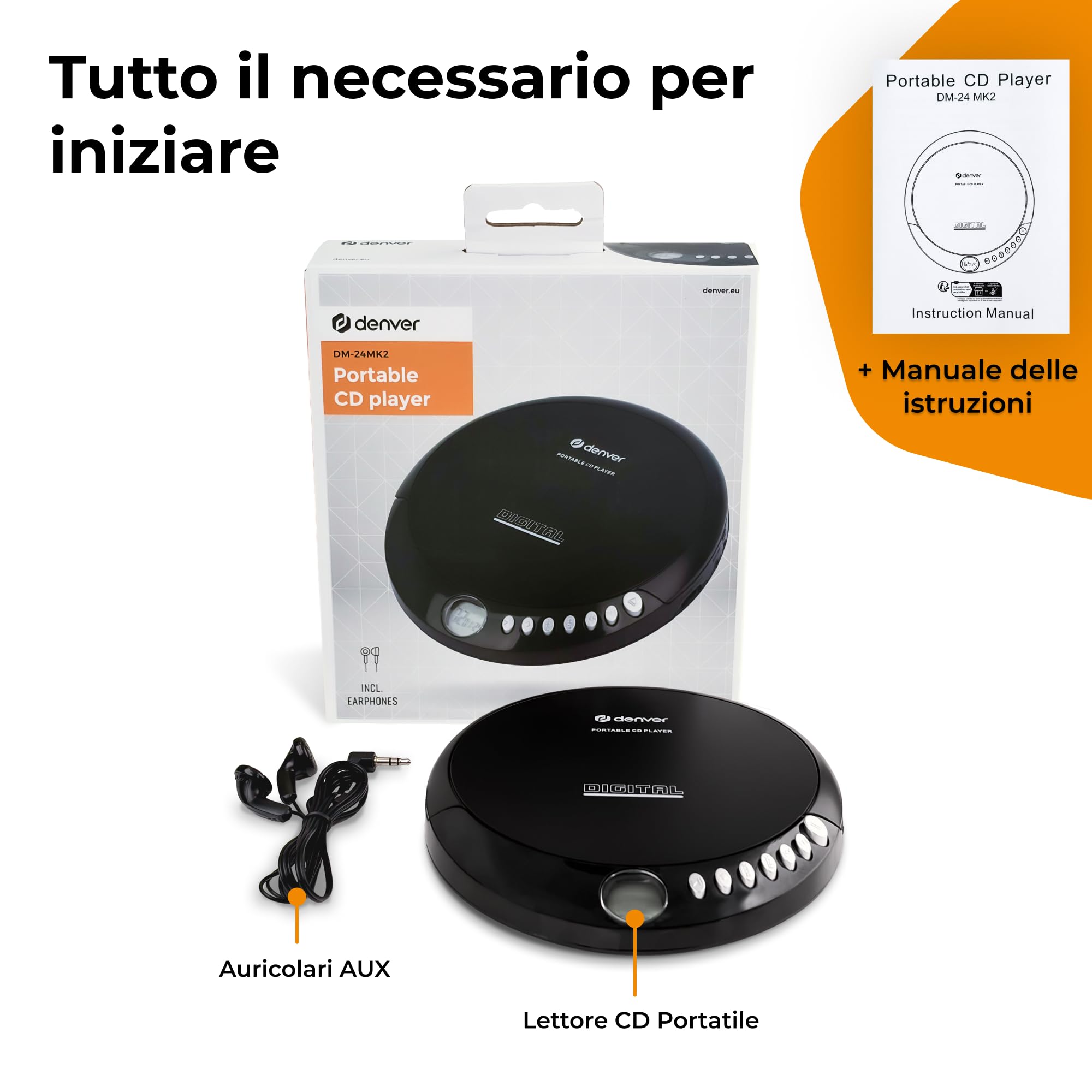Discman Denver DM-24. Lettore CD portatile. Compatibile con CD, CD-R e CD/RW. Cuffie incluse