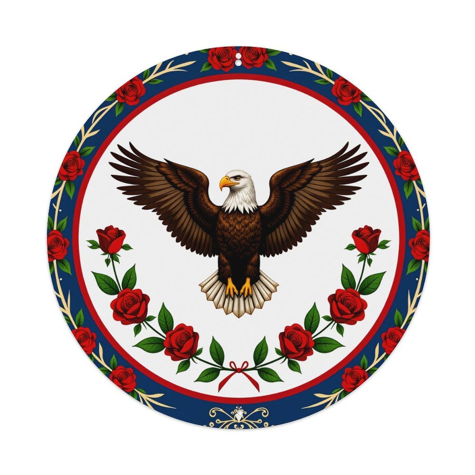 Eagle Roses Circle Emblem Design Round Tin Sign Vintage Metal Poster, Home Bar Garage Man Cave Cafe Indoor & Outdoor Wall Decoration 8x8Inches