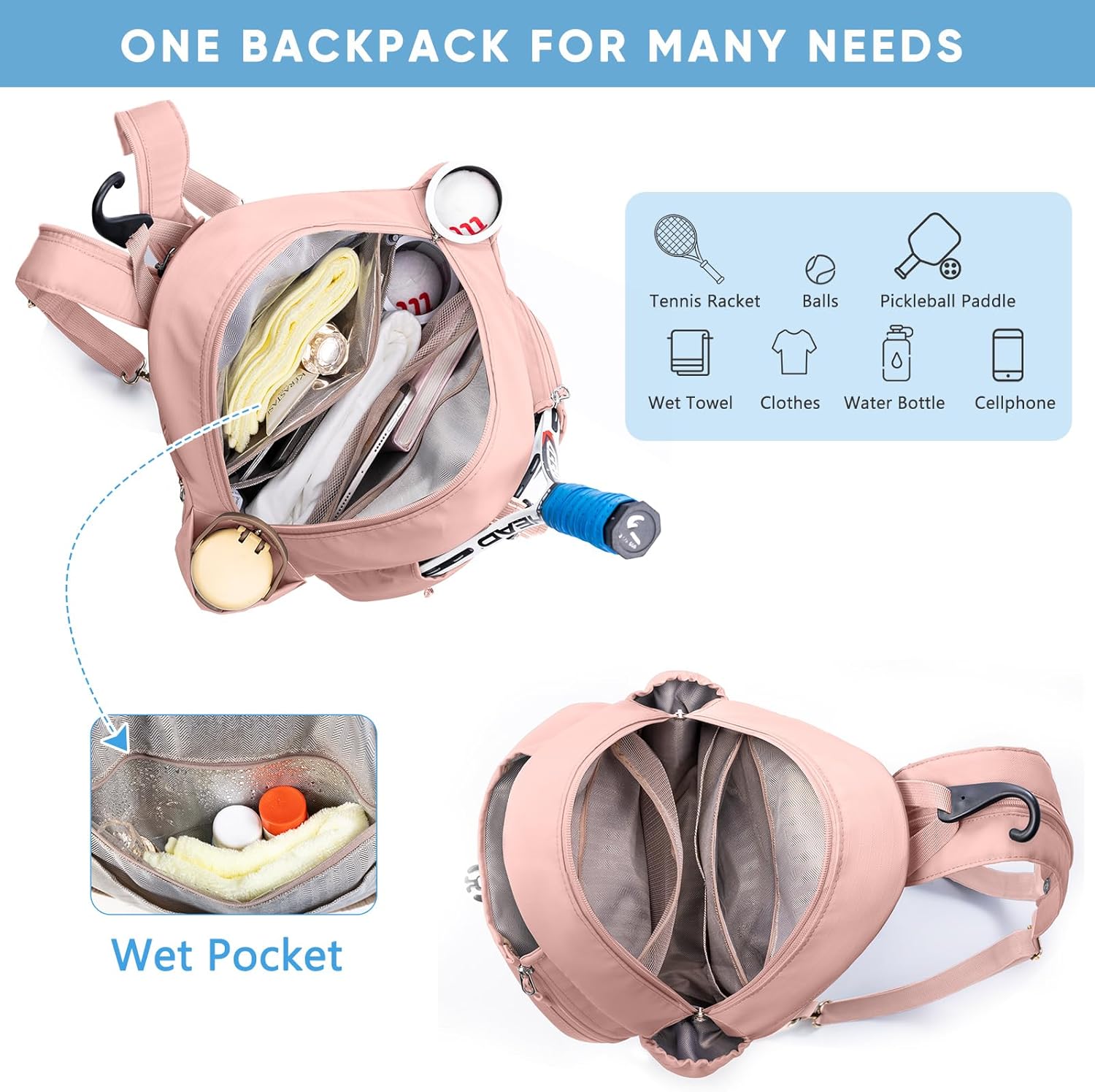 Tennis Backpack with 2 Rackets Holder, Water-Resistant PU Leather Tennis Racket Bag for Women & Men, Sling Crossbody Sports Backpack for Tennis, Pickleball & Badminton, Tennis Gifts - Image 4