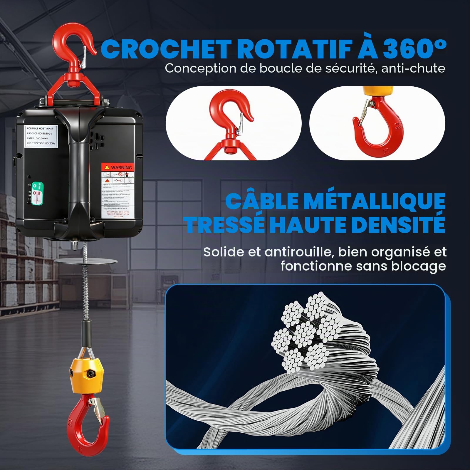 NEWTRY Palan électrique 3-en-1 avec Télécommande sans Fil, télécommande à câble,1 500 W Treuil électrique Système De Protection Contre Les Surcharges, Charge Maximale de 300 kg