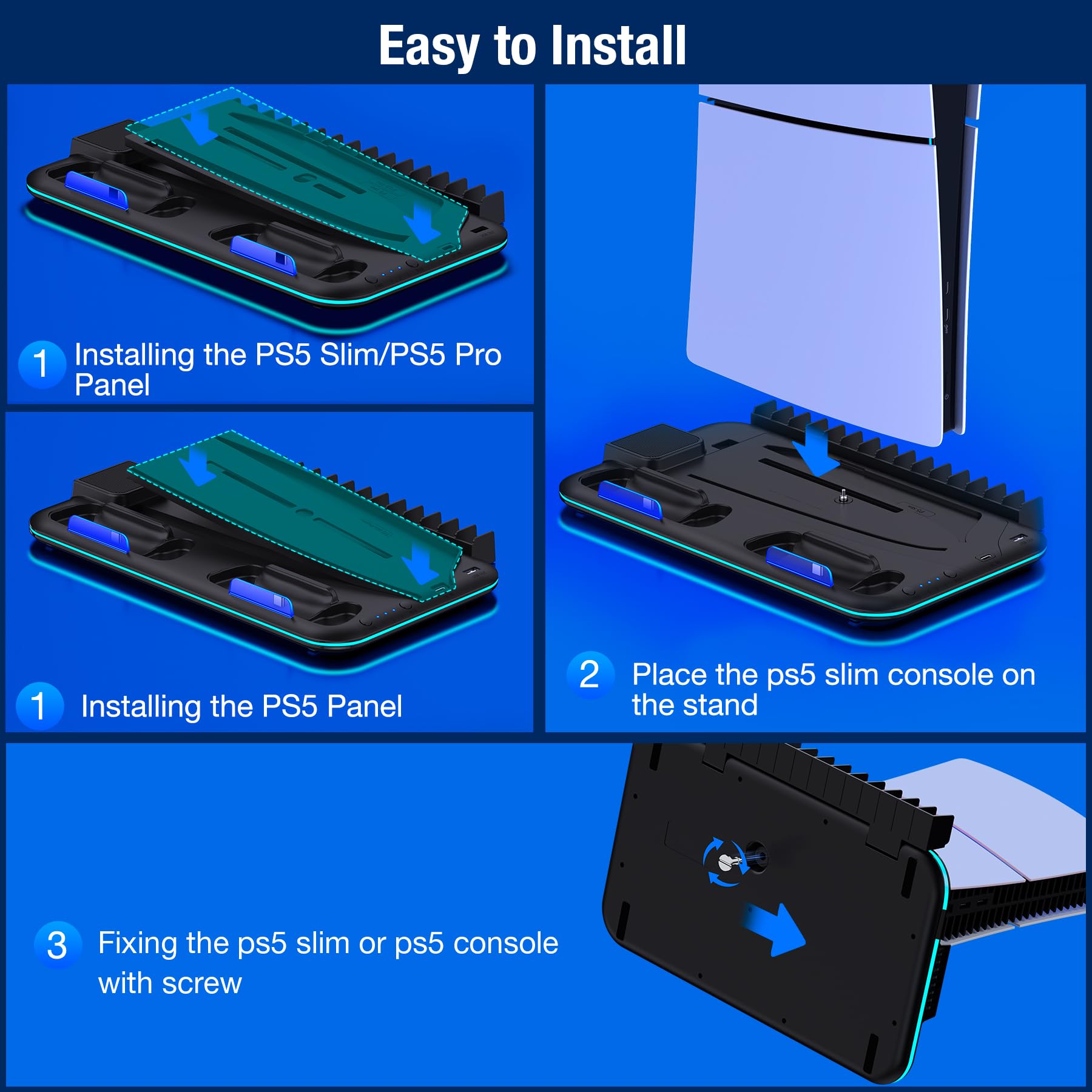 Supporto sottile per PS5 con stazione di raffreddamento e stazione di ricarica per console PS5 Slim/digitale, ventola di raffreddamento PS5, LED RGB, supporto per cuffie, 15 slot per giochi per