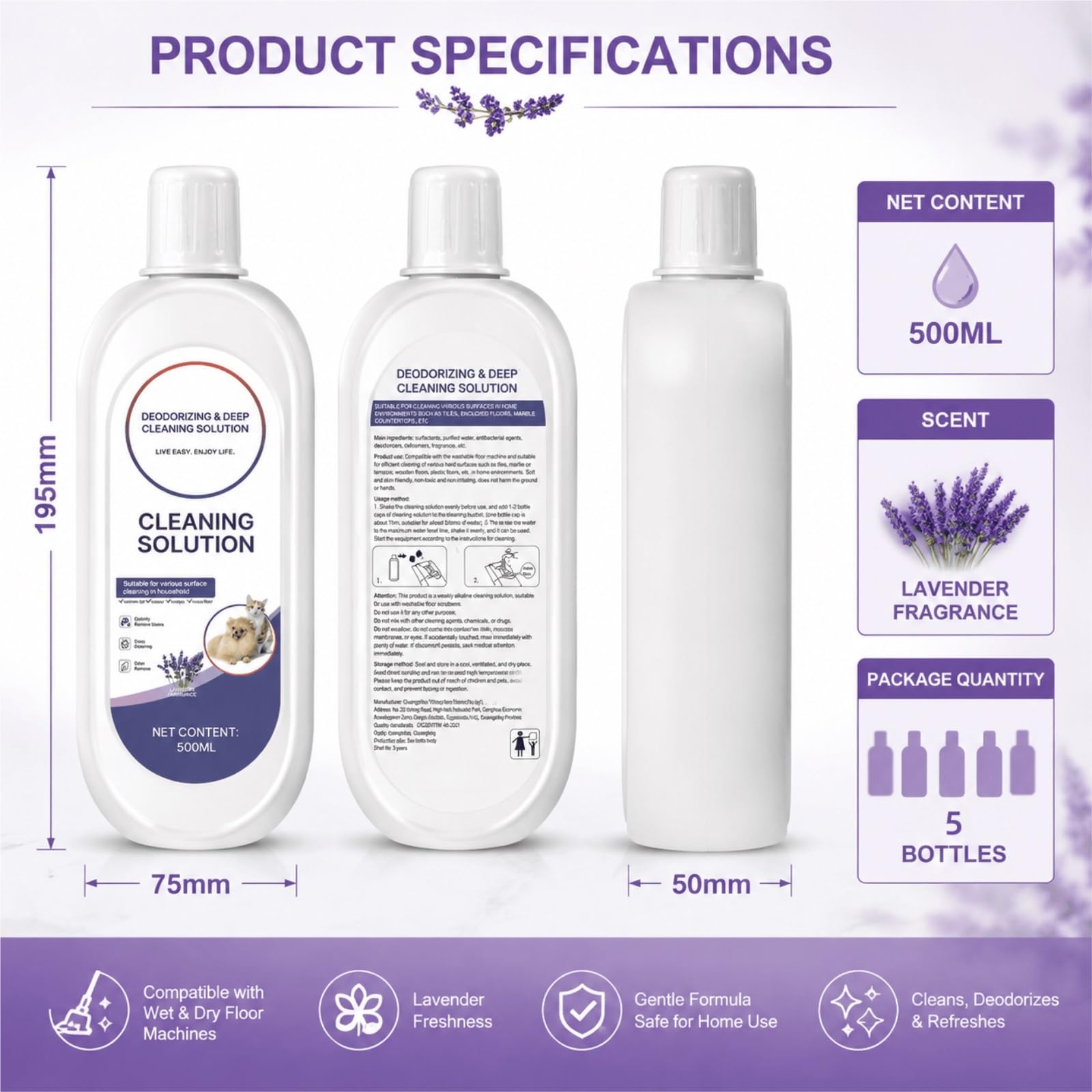 Limpiador for Pisos Duros, 500ML X 5, Aroma Lavanda, Eliminador Profundo de Olores, Fórmula Baja Espuma, Compatible con Tineco Robot Fregador/Aspiradora Wet Dry