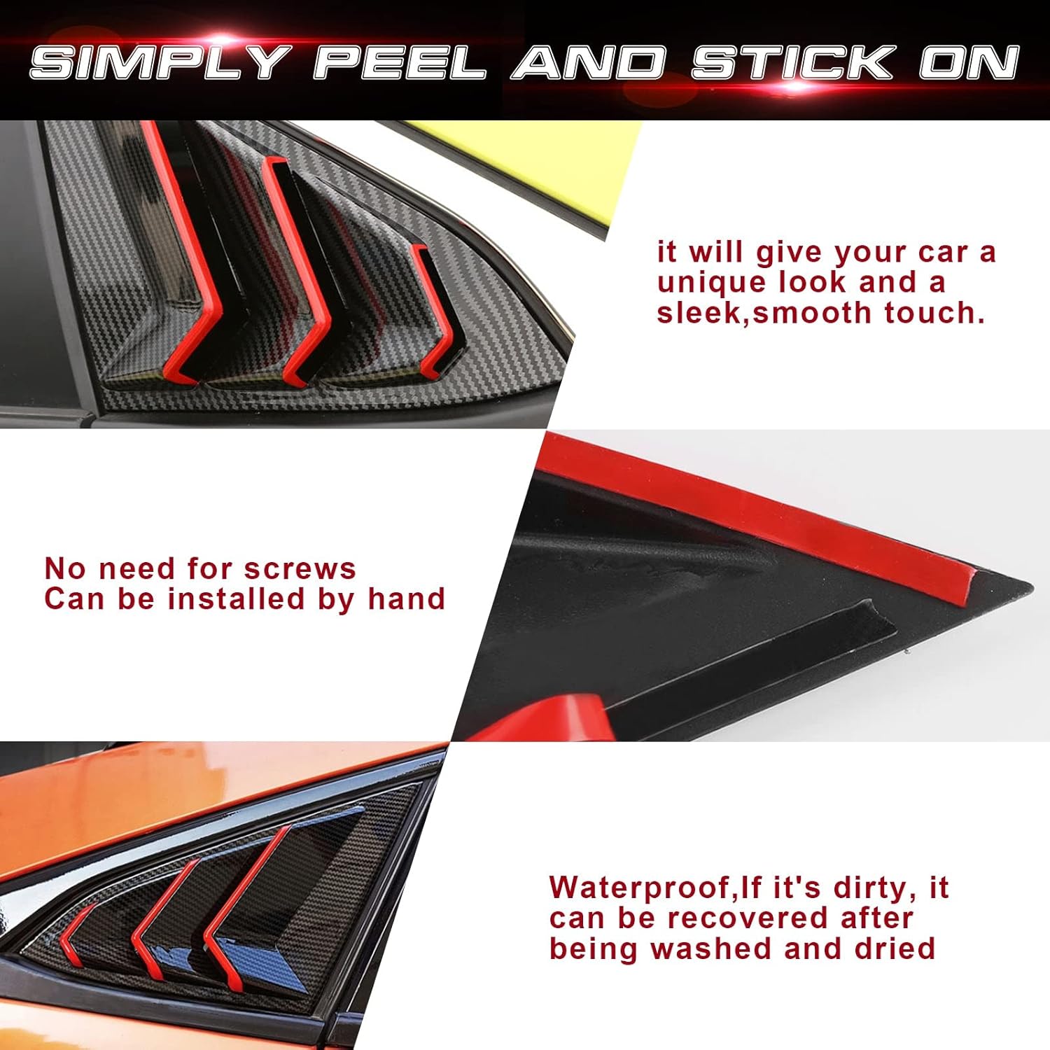 x xotic tech Exterior Rear Side Window Louver Cover Trim, Air Vent Scoop Shades, Carbon Fiber Pattern w/Red Edge, Compatible with Honda Civic 11th 2022 2023 2024 2025 2026