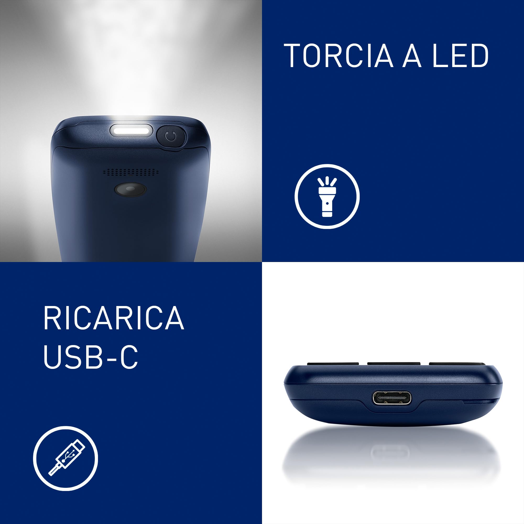 Panasonic KX-TF400EXC Telefono Cellulare 4G, VoLTE, Autonomia affidabile fino a 280 ore in modalità Standby, Ricarica USB-C, Display 2,4'', Bluetooth, Torcia LED, Resistente all'Acqua IP44, Blu