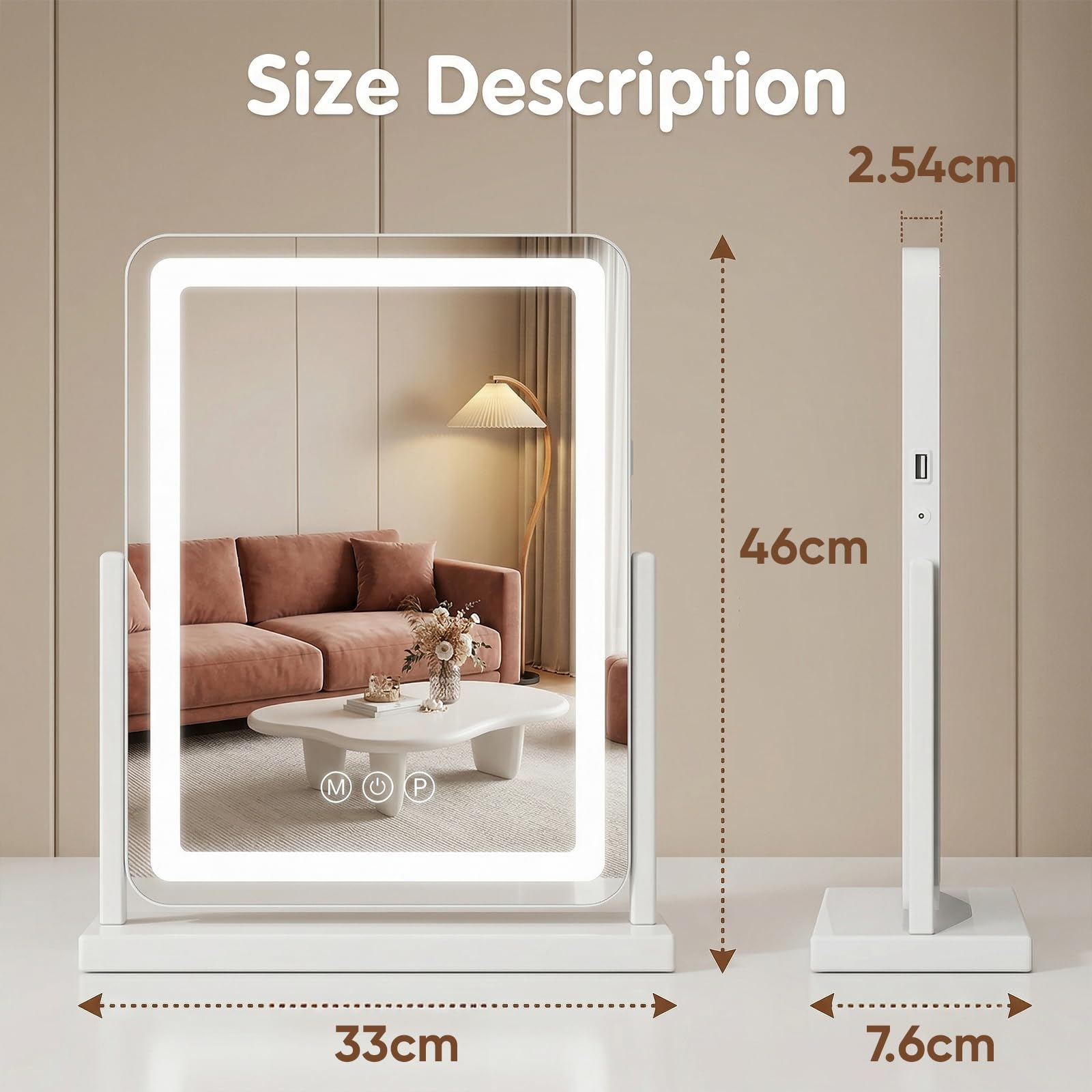 Antok Schminkspiegel mit Beleuchtung, 33x46cm LED Kosmetikspiegel HD, 360° Drehung, 10-Facher Lupe, 3 Farbtemperaturen, Dimmbar, Speicherfunktion, Touch Steuerung, Ladeanschlüssen