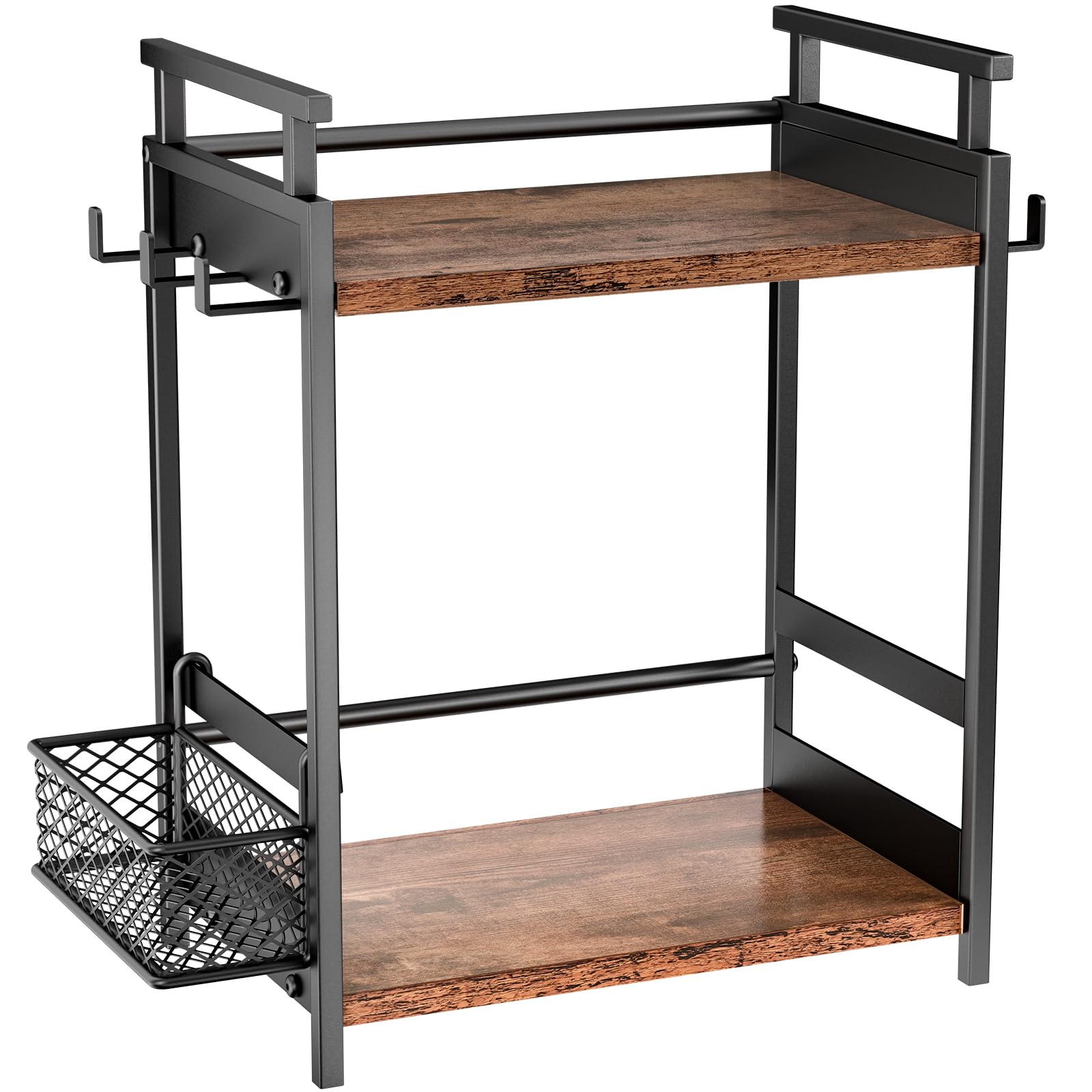 Organizador de barra de café de 2 niveles para oficina en casa, estante de especias para encimera, estante de almacenamiento de encimera de cocina con cesta colgante, organizador de estación de