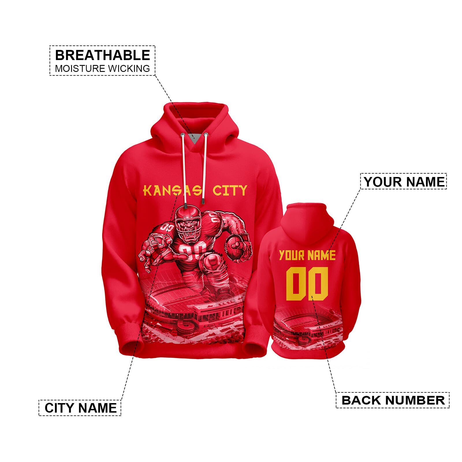 Ofxxu Custom Football Hoodies Personalized 3D Mascot Sweatshirts Rugby Gifts for Men Women Youth Add Your Name and Number