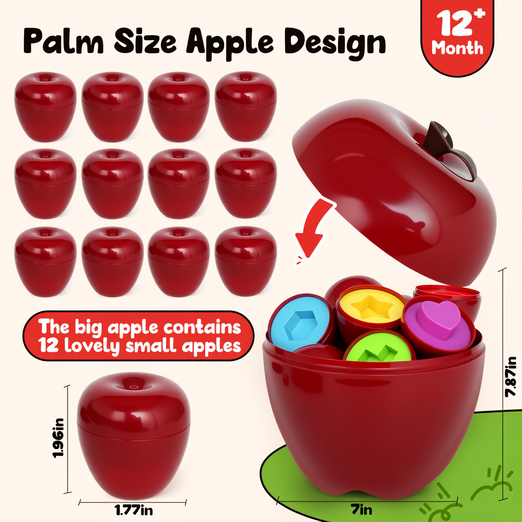 Montessori - Juguetes geométricos clasificadores de formas de manzana para niños pequeños de 1 a 3 años, educación preescolar Montessori, aprendizaje de clasificación de colores, juegos a 7
