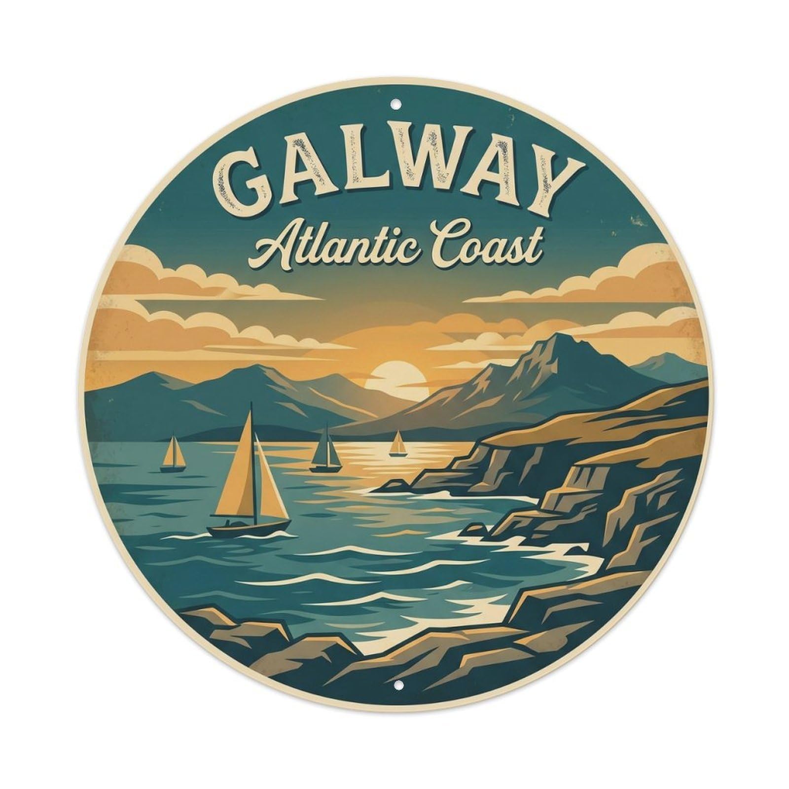 Cmhok Vintage Style Vintage Travel Galway Coastal Bay Metal Tin Sign Plaque Wall Decor For Cafe, Club, Garden Round Metal Poster 8X8inch
