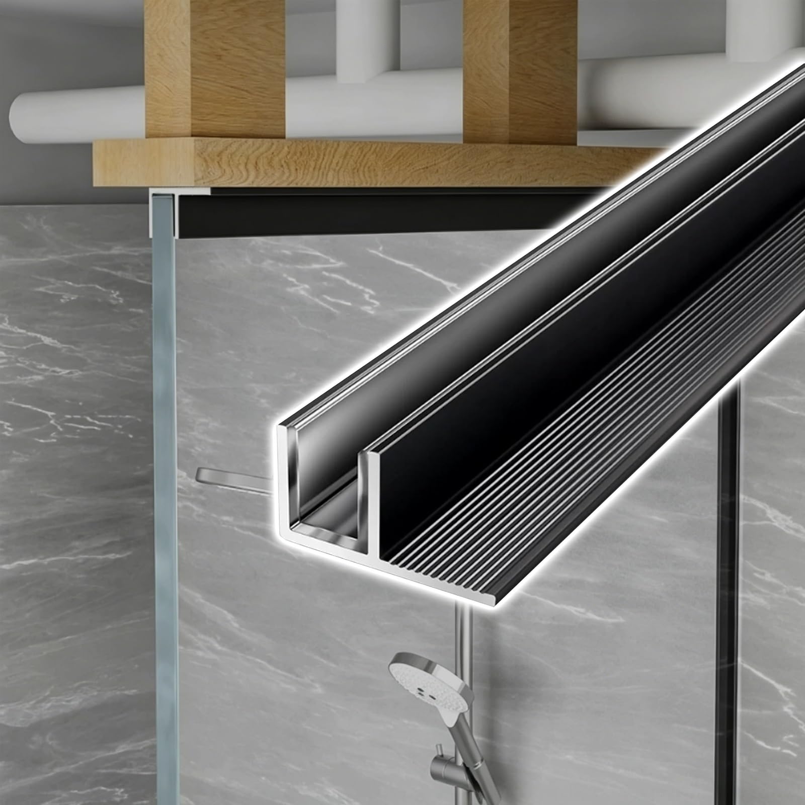 SRNSAEB 40" 55" 63" 72" 80" 88" 90" 98" Fixed Panel Shower Door Deep U-channel, Wall Ceiling Floor Glass Door Track Profile, Shower Door Bottom Guide Replacement(Fits 10mm Glass,245cm/96.5")