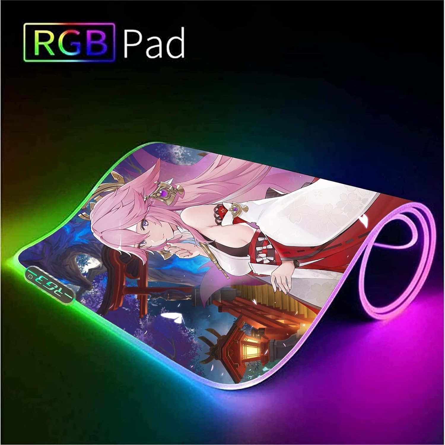 Gaming Mouse Pads Large RGB Yae Miko Mouse Pad Gamer Led Light Desk Mat Rubber Mousepad Computer Desk Mat for Work Game Office Home 300X600Mm image 3