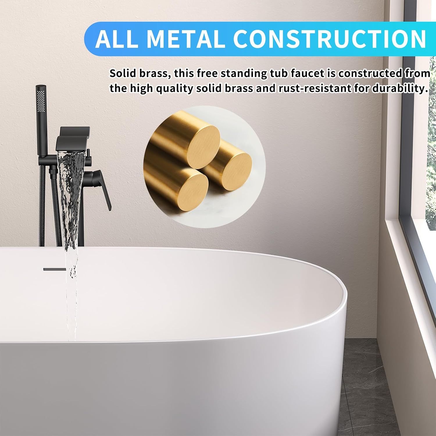 Freestanding Bathtub Faucet with Handheld Spray Single,High Flow Waterfall Bath Shower Faucet,Cylinder Handheld Matte Black