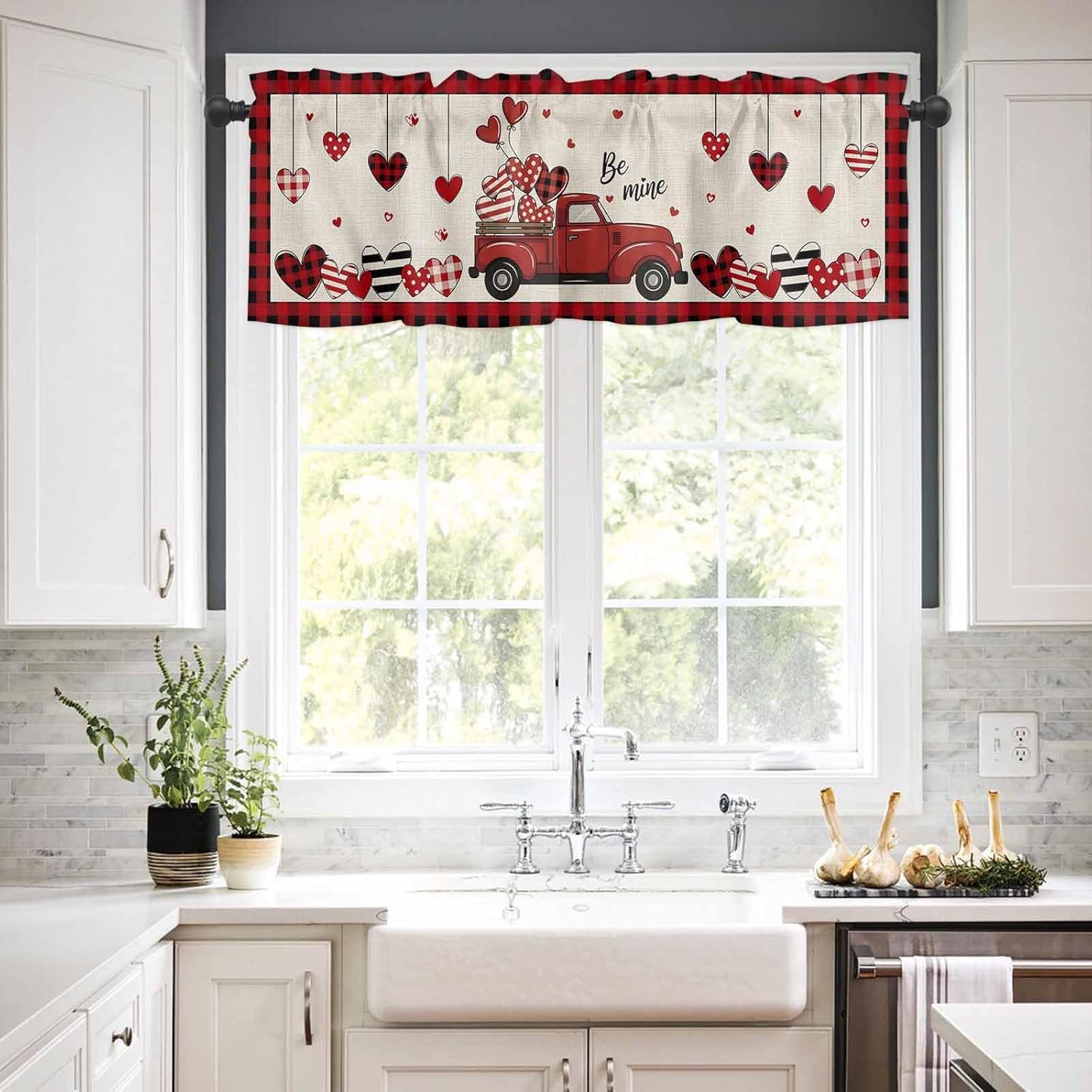 Curtain Tier and Valance Set of 3 - Valentine's Day Love Truck Red Valances Curtains for Living Room Bathroom Bedroom - Semi Sheer Rod Pocket Window Curtains Light Filtering Kitchen Valance 27.5"x36"