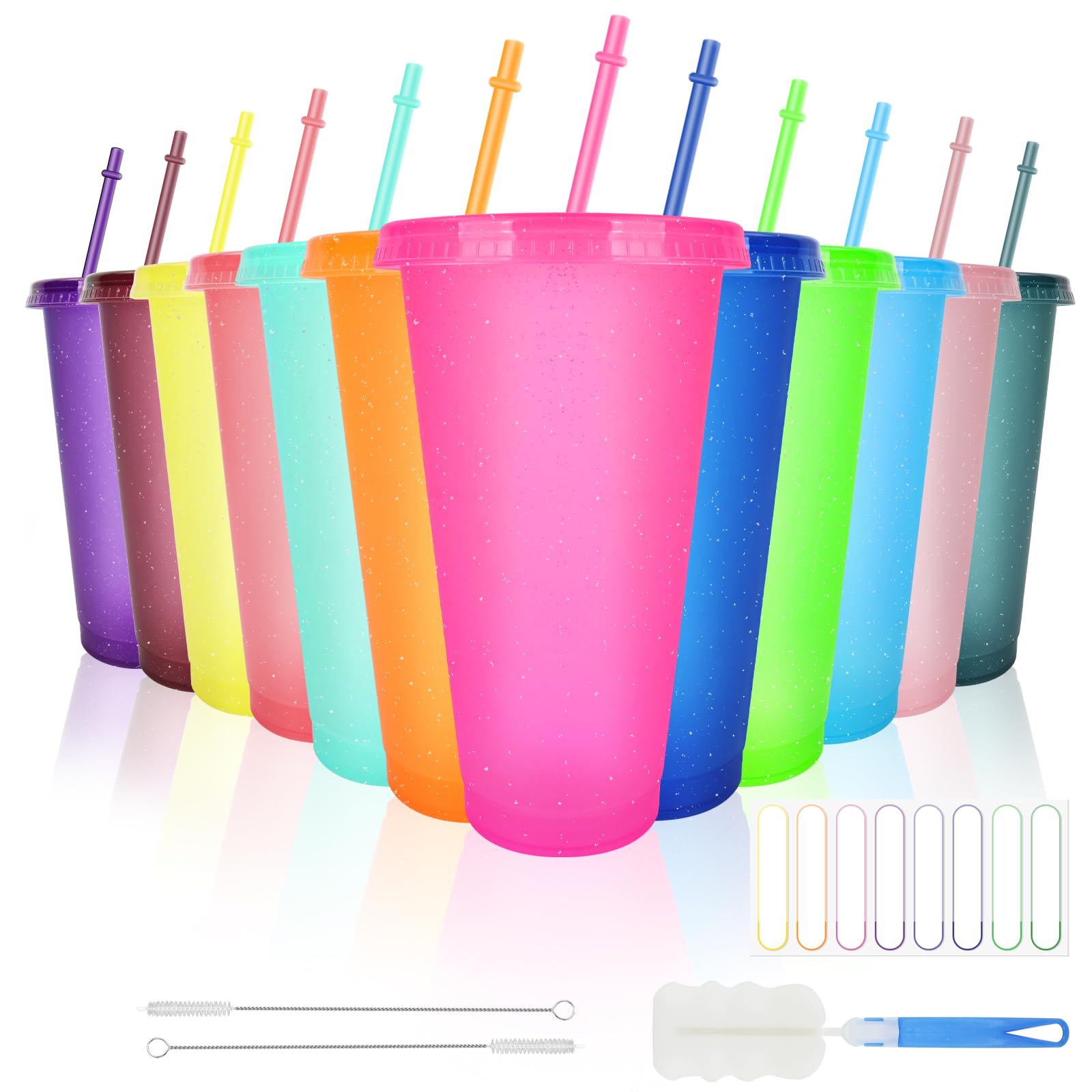 Paquete de 12 vasos que cambian de color, vasos de plástico de 24 onzas con pajitas y tapas, taza de café helado reutilizable para agua fría para fiestas de viaje