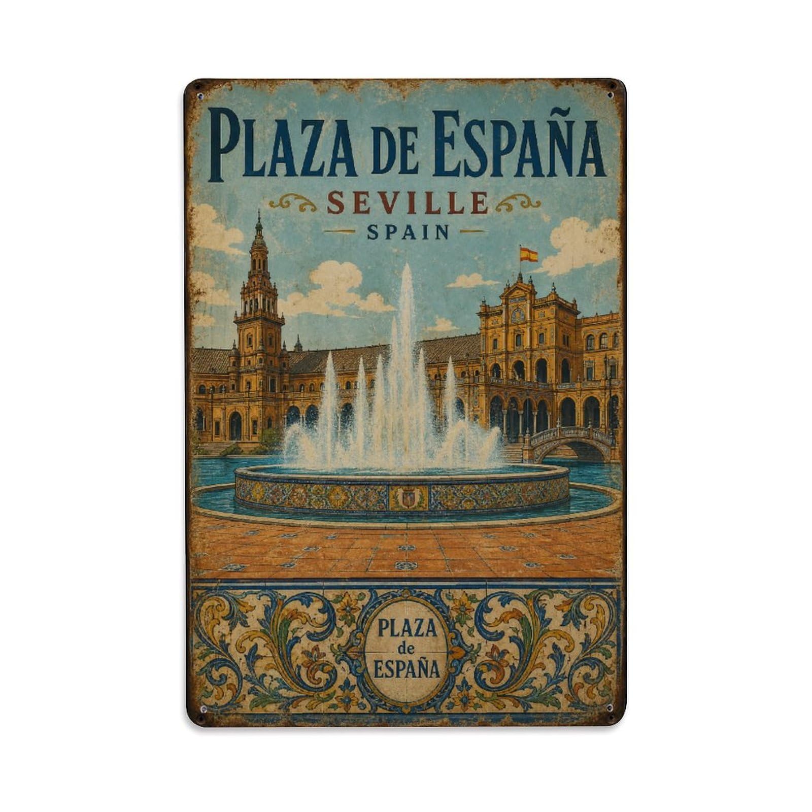 Vintage Plaza Espana Fountain Water Jets Ceramic Spain Metal Tin Sign