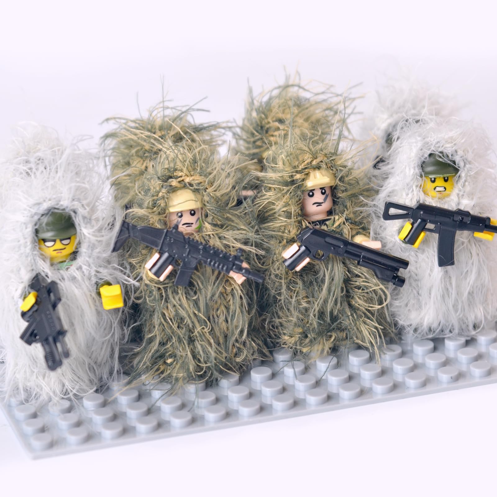LEERFEI Military Camouflage Soldiers Toy Set(8 Included), Action Minifigures in snowfield and Jungle Fatigues, Special Forces Soldier Figures in Ghillie Suit Weapons and Accessories