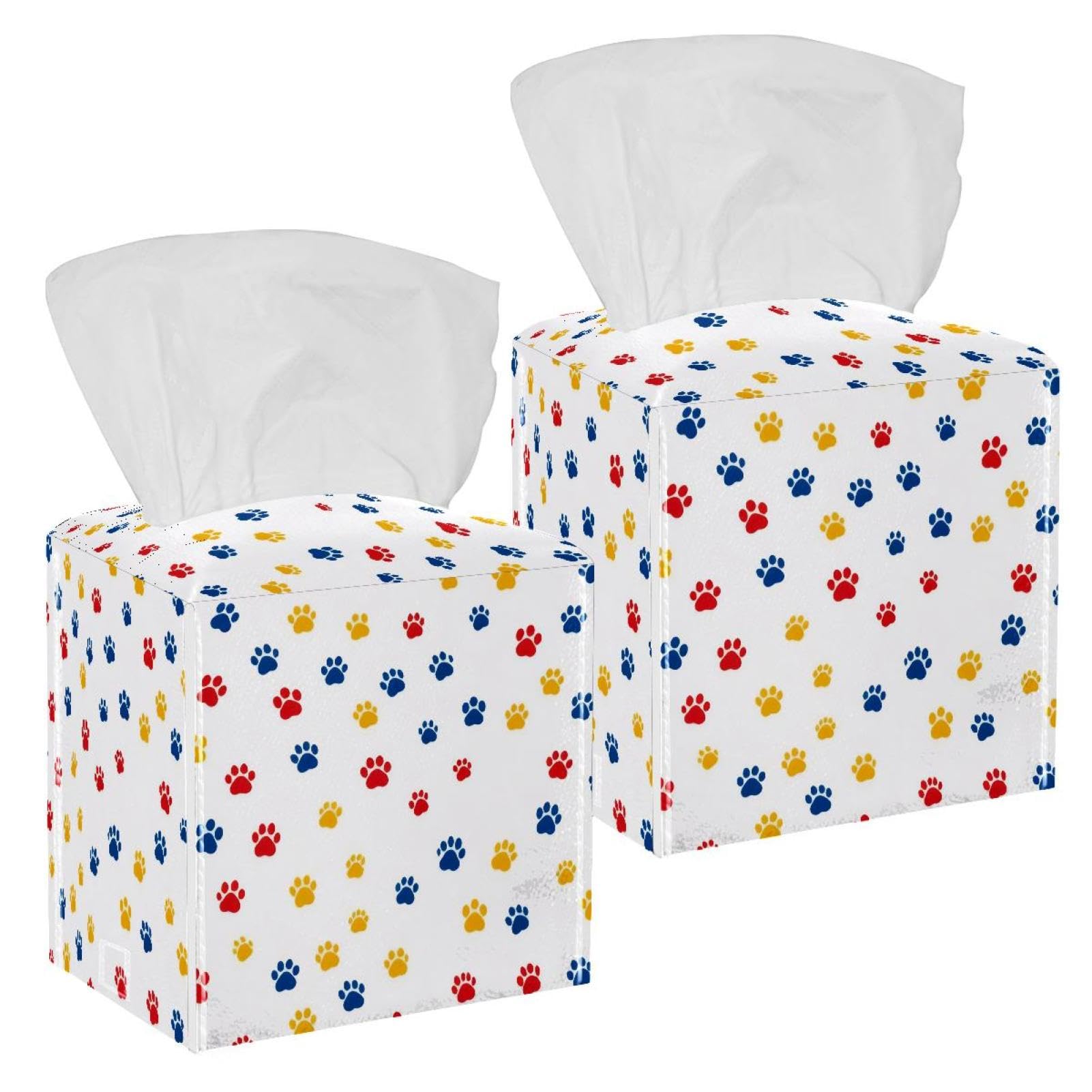 Dogs Paws Tissue Box Cover, 2 Pack PU Leather Square Facial Tissue Dispenser Box holder for Home Office Car
