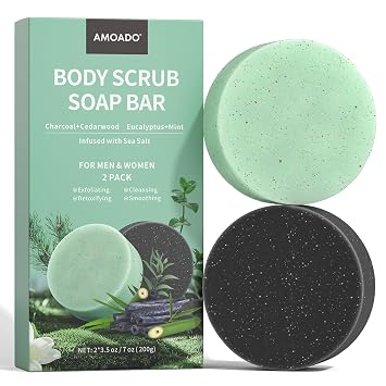 Exfoliating Body Scrub Soap Bar, 2 Pack Eucalyptus & Charcoal Soaps, Dead Sea-Salt Exfoliating Soap for Men & Women, Detox Cleansing, Smooth & Soften Skin, Soap Bars for Gifts