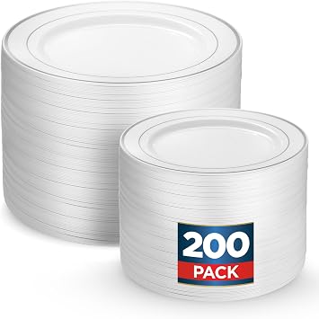 200 Silver Rim White Plastic Plates Set, 10 Inch 7 Inch Combo Pack 100 Each