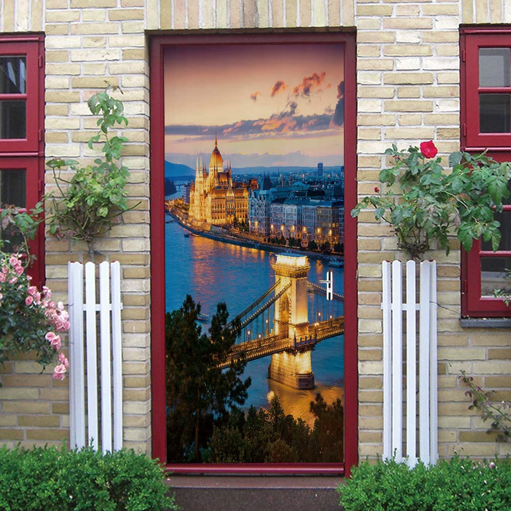 3d Stickers Porte Scène nocturne de Londres Auto-AdhéSive Murale DéCoration De La Maison Stickers Muraux Chambre Salon Amovible Affiche Art Autocollants L100 x H200cm