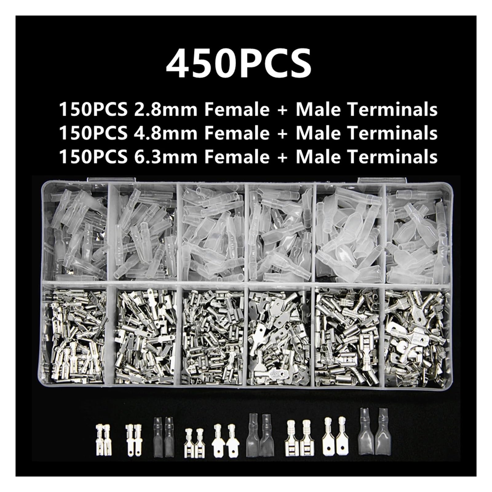 Caja con resorte aislado, terminales de engarzado en frío de pala macho hembra, juego de conectores de cables eléctricos de 2,8/4,8/6,3mm o alicates de SN-48B(450PCS Sliver)