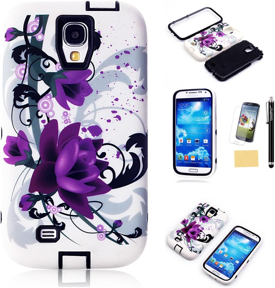 S4 Case, Galaxy S4 Case, GoodPro™ Powerful Protection [3IN1 Art Flower Design] (Black), Hybrid Hard Soft Durable Bumper Case Armor Case Back Cover Case for Samsung Galaxy S4, Included (Screen Protector, Stylus and Cleaning Cloth), Samsung Galaxy S4 Case