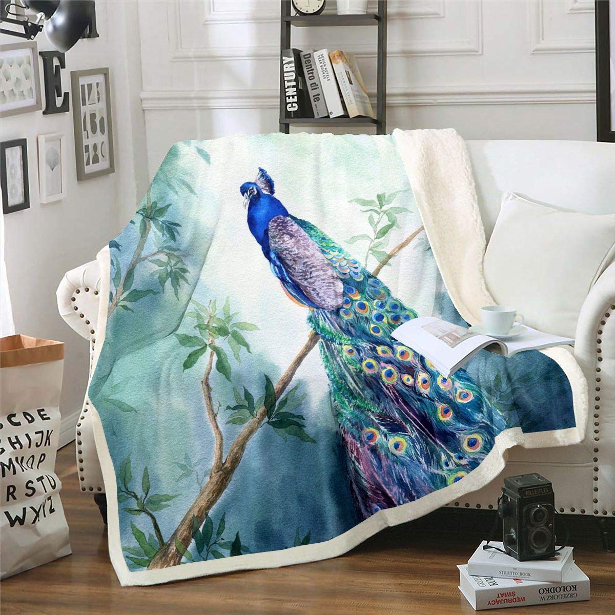 Peacock Fleece Throw Blanket Peacock Colorful Feather Watercolor Girls Boys Teens Tree Botanical Plush Blanket Animal Branches Design for Sofa Bed Baby 30x40Inch