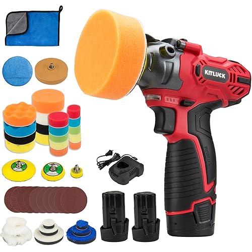 Cordless Buffer Polisher, 12V Mini Wax Buffer & Sander with 2 X 2.5Ah Battery & Charger, 1/2/3" Backing Plate, 40pcs Polishing Pads, Variable Speed for Car Detailing/Buffing/Sanding/Waxing