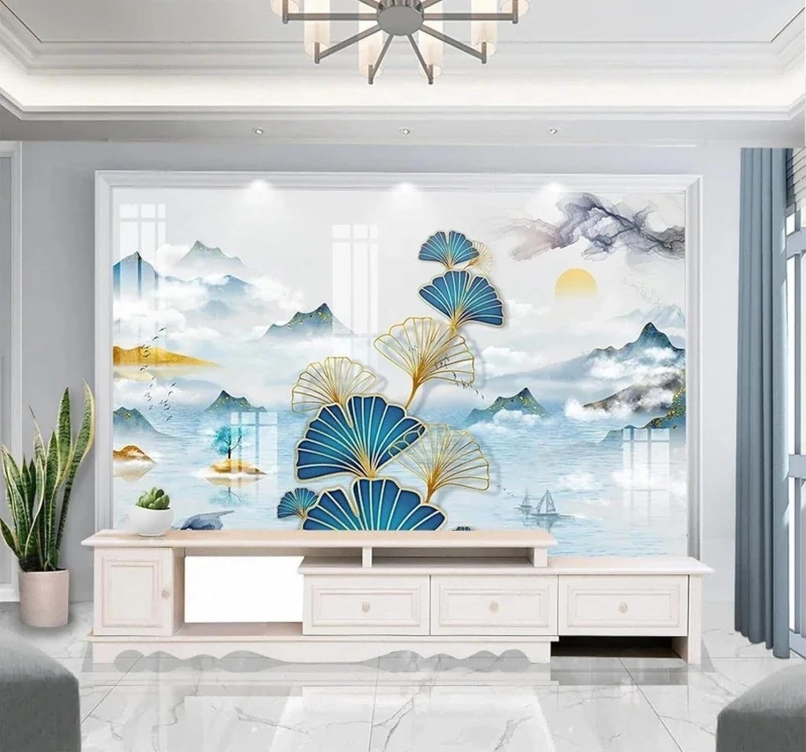 XLMING Papel Pintado 3D Creativo Azul Tinta China Paisaje Hoja De Ginkgo