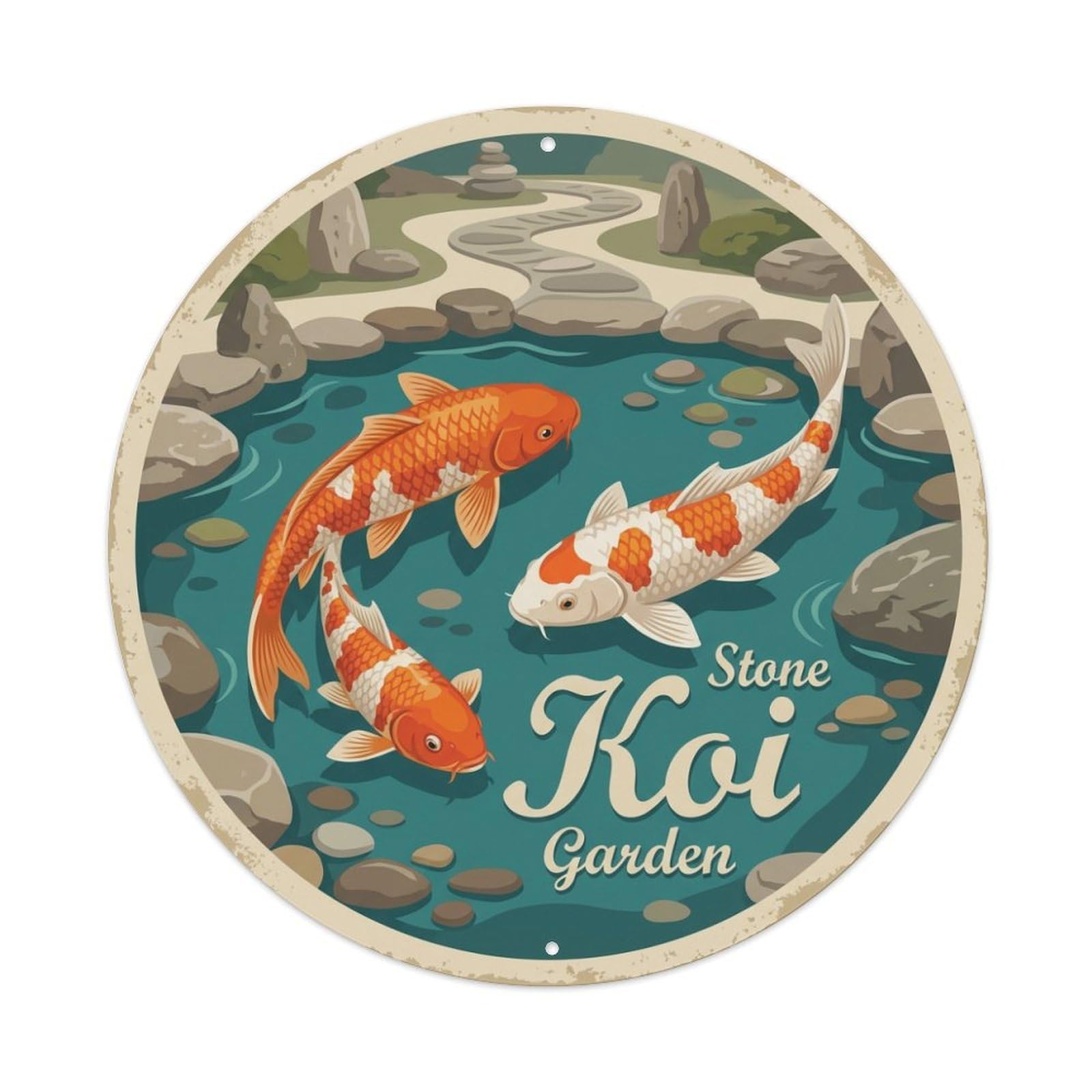 Tgrcjimh Style Metal Tin Sign Koi Fish Rock Pebbles Zen Japanese Vintage